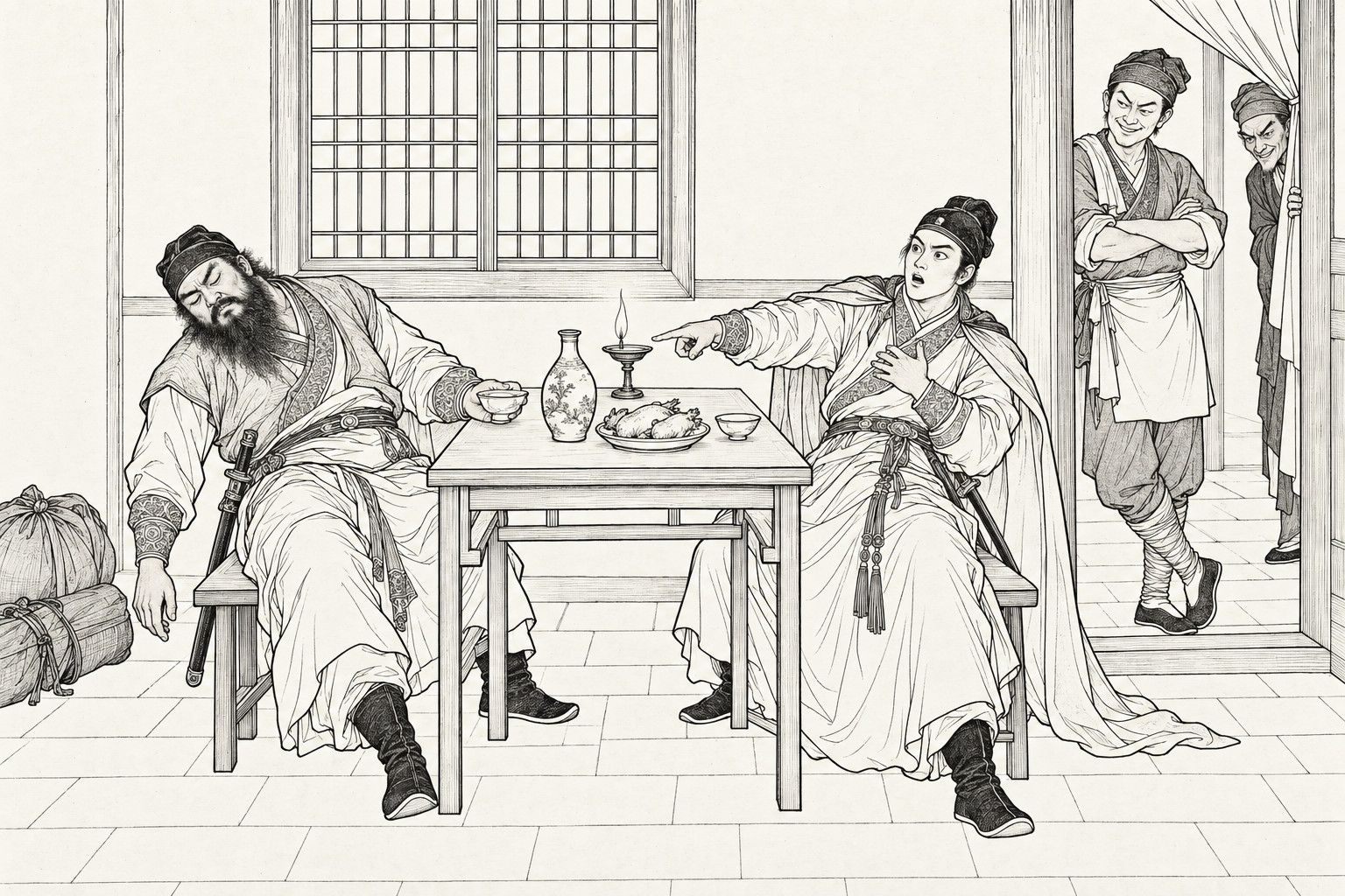 A line drawing in the manner of a late-Qing lithographed edition: at night in a bare guest room, a big bearded swordsman slumps sideways off his bench with closed eyes and a wine cup in his hand, while his slim young friend in a cloak clutches his chest and points at the wine jug on the table, eyes wide and mouth open; at the doorway at the right a waiter in an apron stands with folded arms and a sly grin, and an innkeeper peers round the curtain behind him; bundles lie on the floor and a small lamp burns on the table.