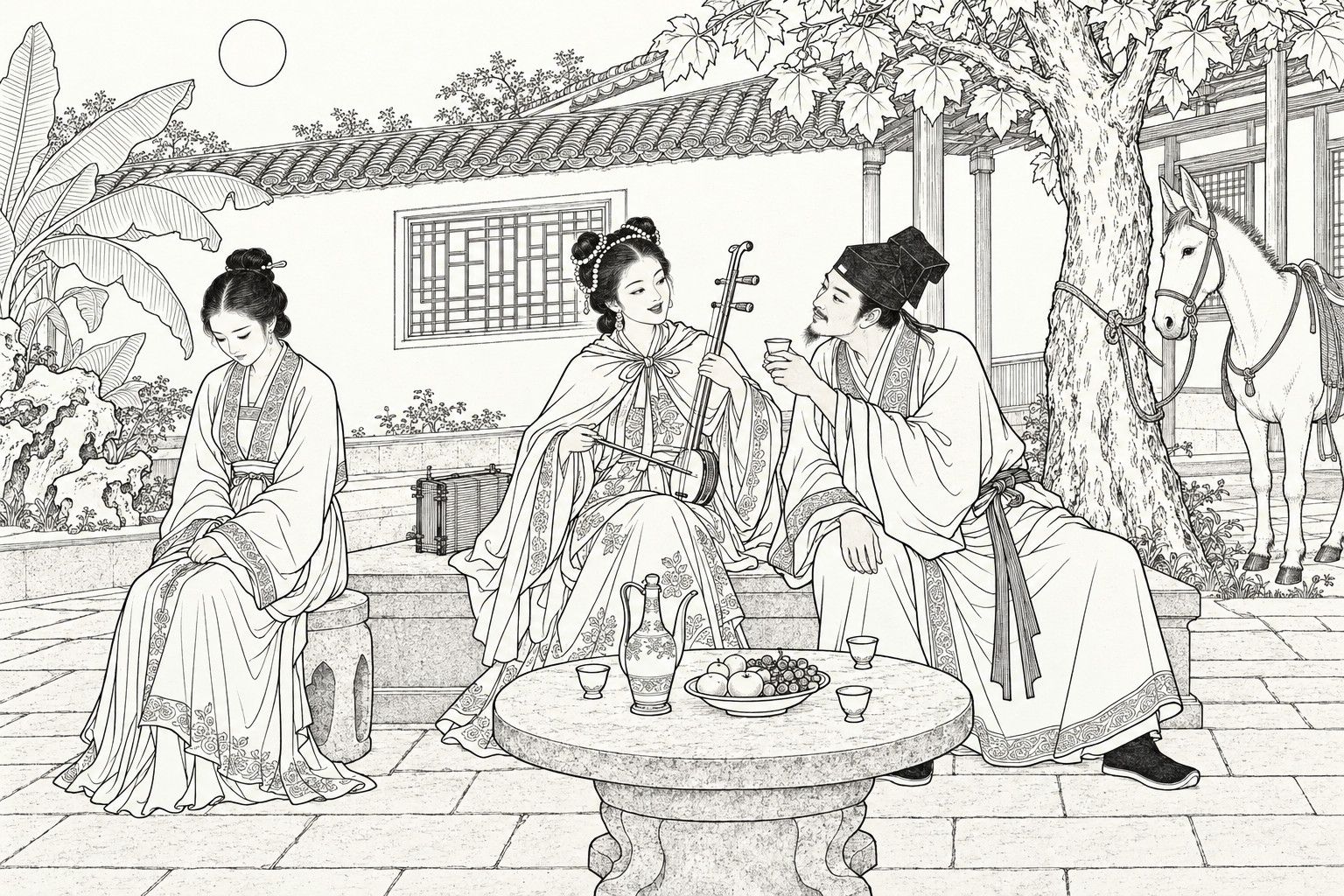 A line drawing in the manner of a late-Qing lithographed edition: on a moonlit night in a village courtyard, a young woman with pearl-decked hair and a cape plays a small fiddle and sings on a stone terrace, a scholar beside her leans in with a wine cup, and a wife sits apart with her head bowed and hands folded, with a round stone table of wine and fruit in front, a white mule tied to a tree at the right, and a plantain and rocks at the left.