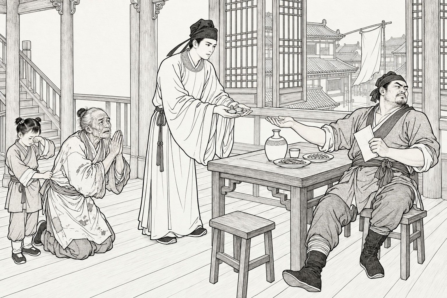 A line drawing in the manner of a late-Qing lithographed edition: In the upper room of a market-town tavern by day, a young scholar in a wide-sleeved robe stands holding out silver pieces to a stubbly bully who sits at a table with a slip of paper and reaches out his palm with his face turned away, while a tearful old man kneels with hands pressed together and a small boy wipes his eyes beside him, with a latticed window, rooftops and a blank banner behind.