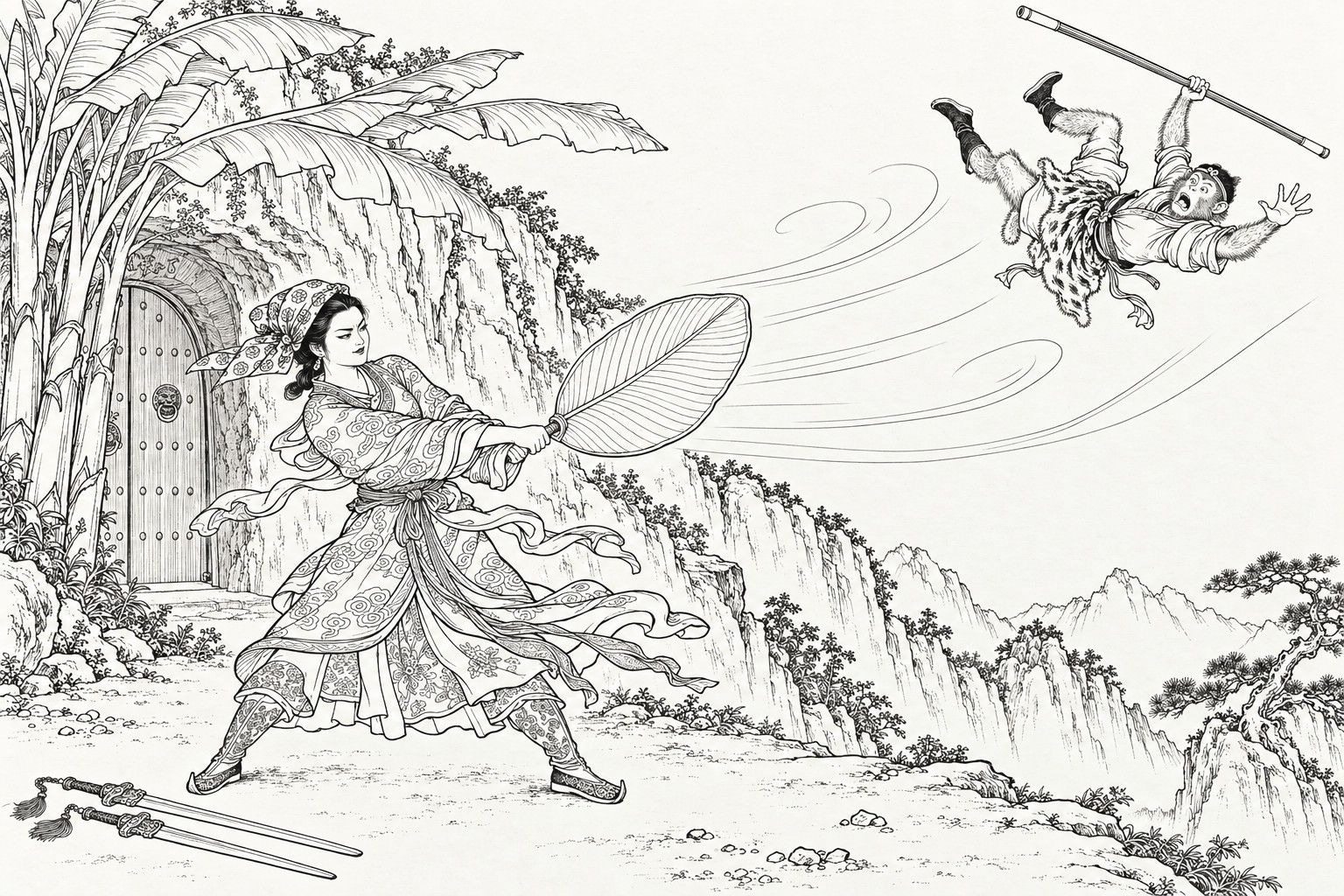 A line drawing in the manner of a late-Qing lithographed edition: before a cave door among tall plantain trees, a woman in a patterned robe and flowered kerchief plants her feet wide and swings a great plantain-leaf fan with both hands, her sash and robe streaming in the wind; a pair of swords lies on the ground at her feet; at the upper right, caught in the gale, the monkey Sun Wukong tumbles through the air upside down, his limbs flung out and his iron staff still in one hand.