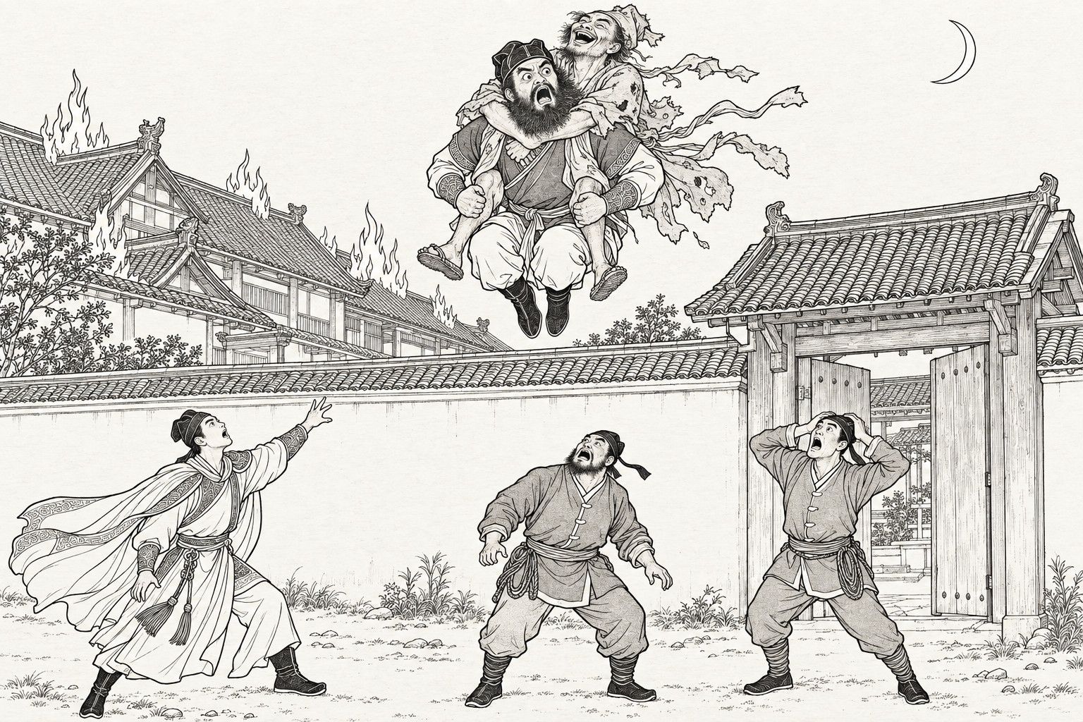A line drawing in the manner of a late-Qing lithographed edition: at night above the wall of a burning inn, a big bearded swordsman hangs in mid-air with his knees drawn up and eyes and mouth wide open, a laughing ragged monk riding on his back with arms round his neck and ragged robe streaming; flames rise from the roofs behind the wall, and a crescent moon hangs above; in the open ground below, three men, one in a cloak reaching up, two with hands at their heads, stare up in alarm.