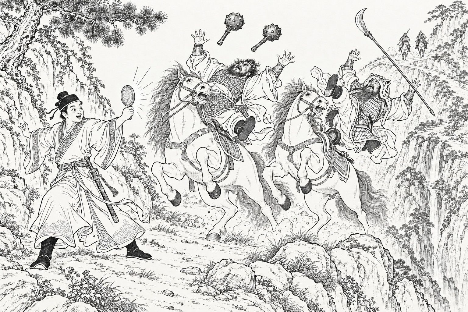 仿清末石印本的線描:山路上,年輕的道士殷洪舉起一面小圓鏡一晃,兩個山大王仰面從人立的馬上摔下,兩柄鐵錘和一杆長槍脫手飛起,遠處山路上另有兩個小小的騎手趕來。