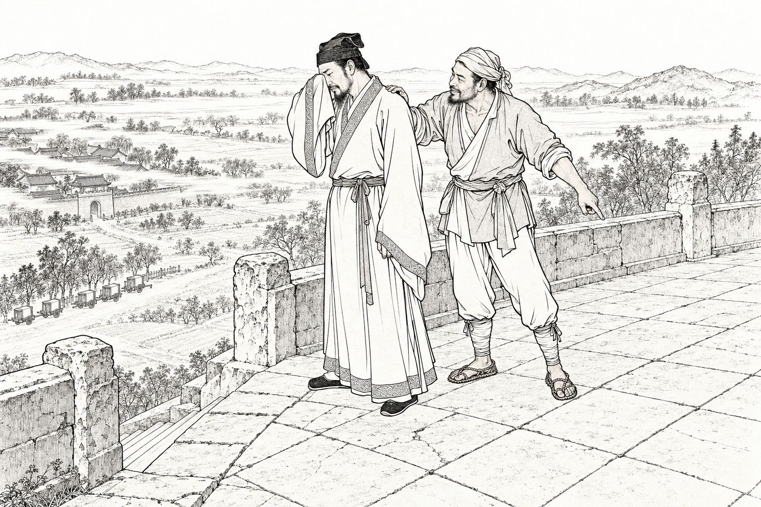 A line drawing in the manner of a late-Qing lithographed edition: on the paved top of a tall stone terrace with a low stone parapet and worn posts, a bearded man in a cap and wide-sleeved gown raises one sleeve to wipe his tears, while a craftsman in a head cloth and short jacket rests a hand on his shoulder and points out past the edge, over a wide plain with a distant village gate, courtyard roofs, trees and a row of small empty carts below.