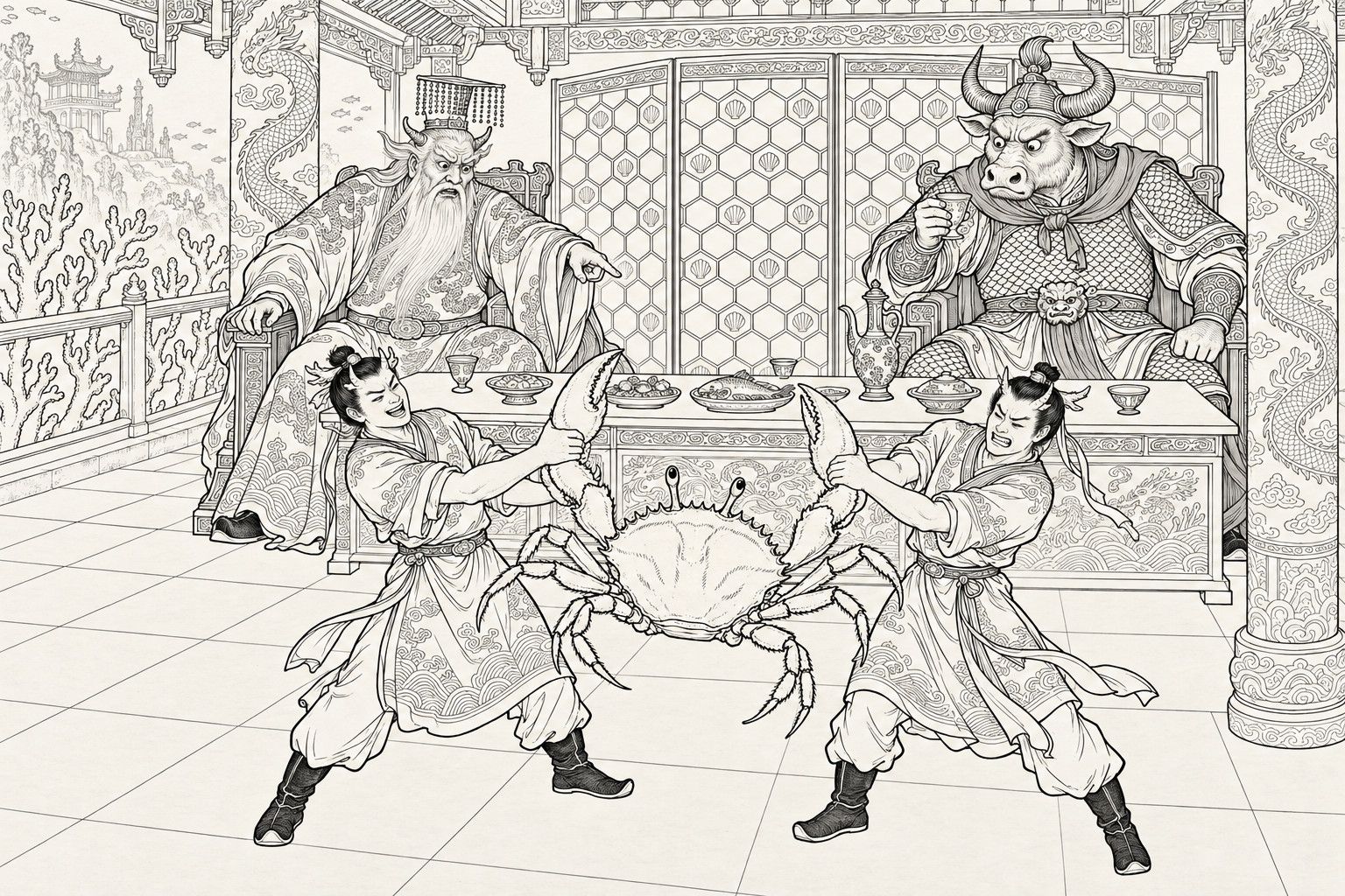 A line drawing in the manner of a late-Qing lithographed edition: in the hall of a dragon king's palace, the old dragon king, horned and long-bearded, wears a bead-hung crown and points sternly from his chair at the left, while at the right a bull-headed demon king in scale armour and a horned helmet sits holding a wine cup and frowning; between them two young horned dragon princes brace their legs and hold up an enormous crab by its claws, its legs kicking; a banquet table with dishes and a wine jar stands before a hexagon-patterned screen.