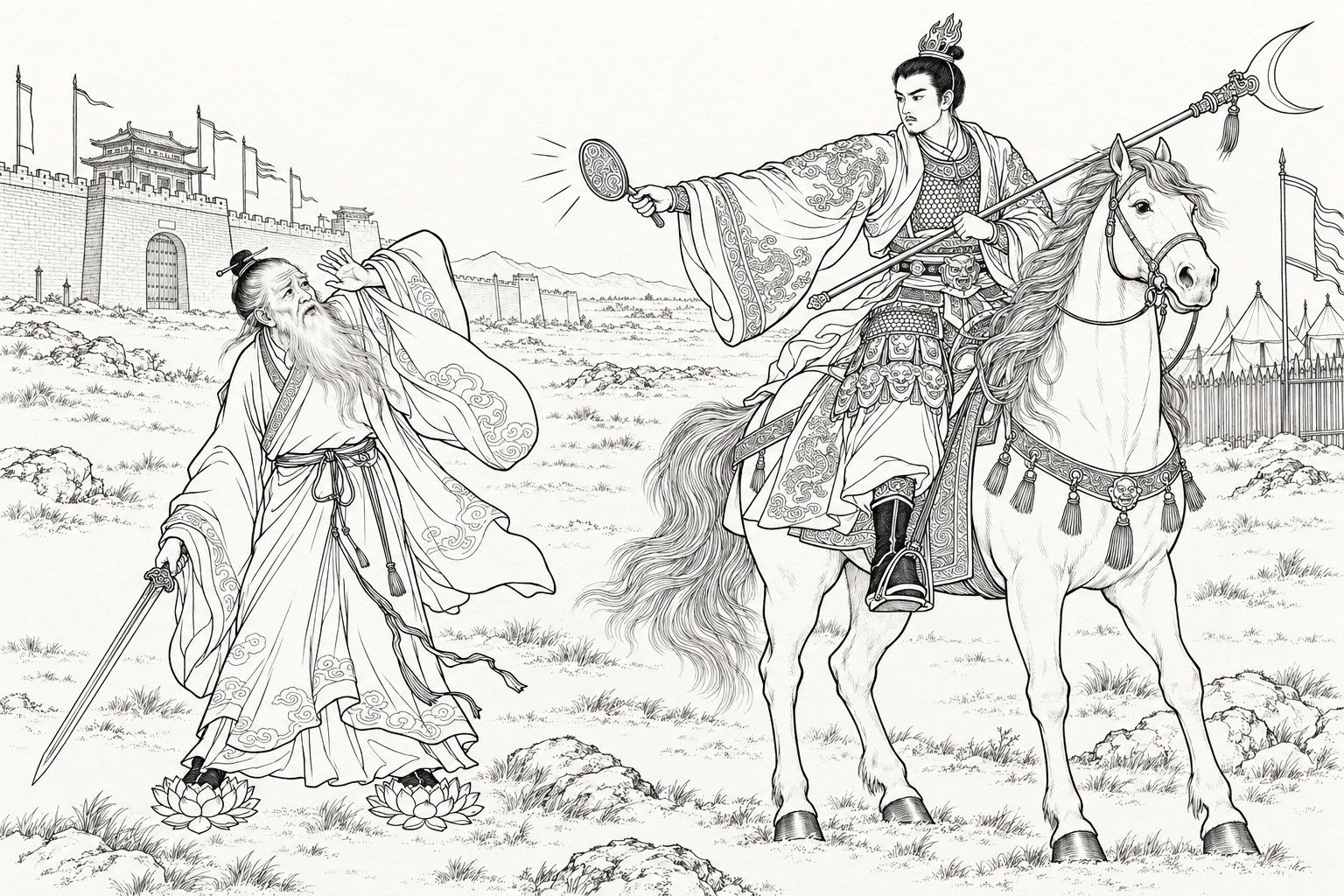 仿清末石印本的線描:西岐城下的原野上,披甲的殷洪騎在馬上,持月牙戟,另一手把圓手鏡對著師父赤精子;赤精子腳踏兩朵蓮花,手持長劍,後退一步,寬袖舉起遮臉。