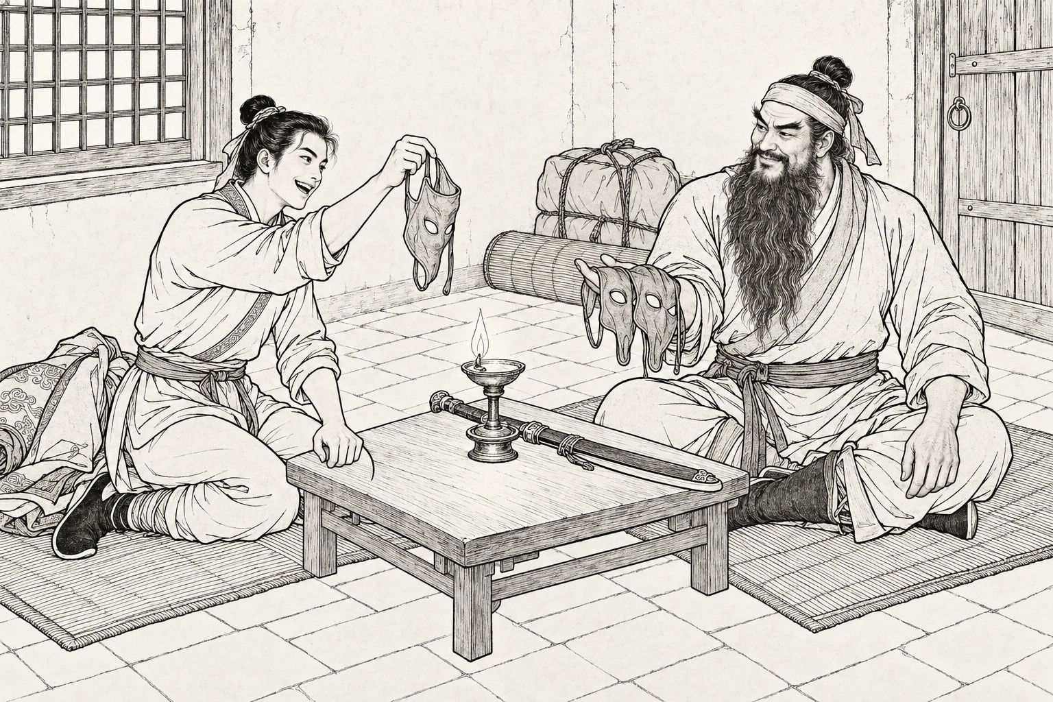仿清末石印本的線描:夜裡廟中小客房,矮桌上一盞油燈,旁邊放著一把刀;長鬚的歐陽春盤腿坐著,掌上搭著兩張軟皮面具;對面跪坐的丁兆蘭只穿裡衣,提著第三張的耳帶舉起來看,笑著。
