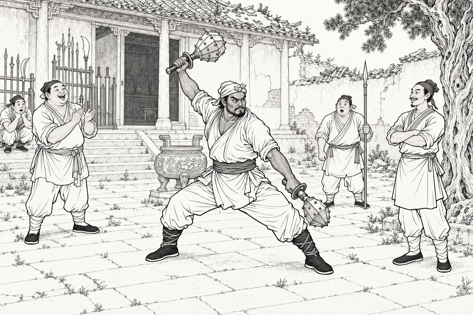 A line drawing in the manner of a late-Qing lithographed edition: in the courtyard of a ruined temple with a weapon rack, an incense burner and a pine, a swarthy martial artist in a head-cloth holds a spiked mace high in one hand and presses the other mace down in a wide, low stance, eyes blazing; a lean man with folded arms and a moustache smiles proudly at the right; three idlers watch, one clapping and laughing, one crouching with his chin on his fists, one holding a spear with his mouth open.