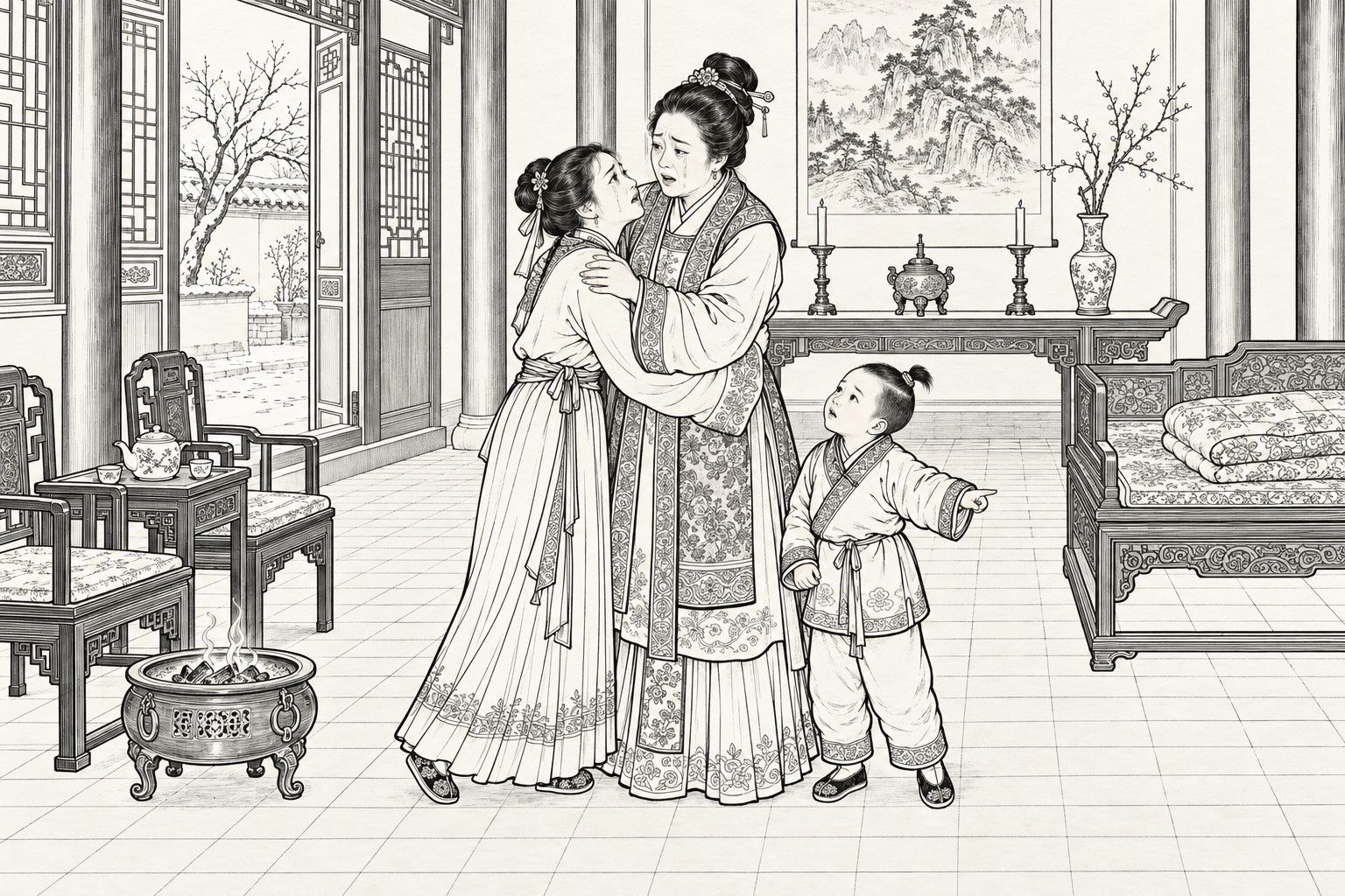 A line drawing in the manner of a late-Qing lithographed edition: On a winter morning in the main hall of a wealthy country house, a weeping young woman in Ming-style dress throws her arms around a tearful middle-aged mistress who holds her by the shoulders, while a small boy with a topknot looks up at them and points aside, with a brazier, armchairs, a carved couch with a quilt, a side table with a vase of bare plum branches, and a snowy courtyard tree seen through the doorway.