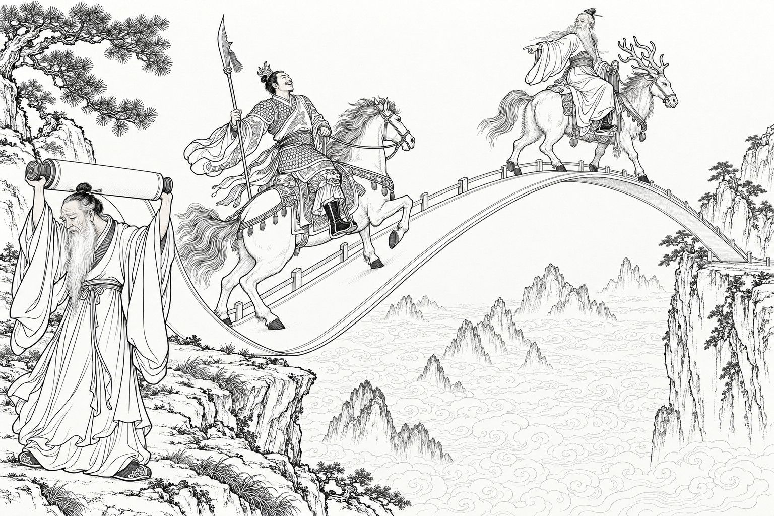 A line drawing in the manner of a late-Qing lithographed edition: above a sea of cloud, Chijingzi in the lower left holds up a scroll roller overhead in both hands, his face lowered, and the scroll unrolls into an arched bridge; Jiang Ziya on his antlered beast turns at the top of the arch and points back, and the laughing, armoured Yin Hong rides his horse up onto the bridge.