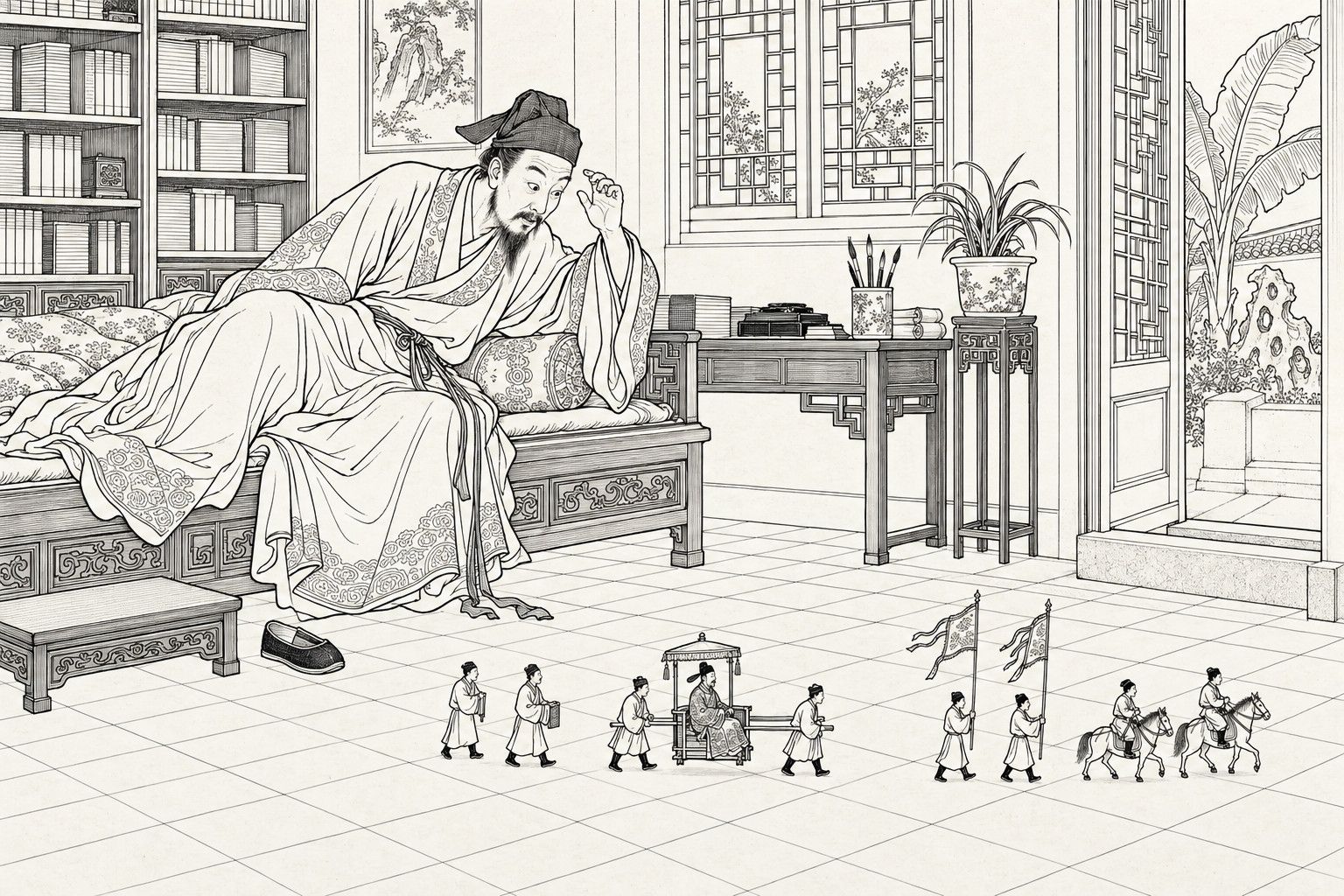 A line drawing in the manner of a late-Qing lithographed edition: In a scholar's study by daylight, a bearded official half risen from his couch raises a hand to his eye and stares down in astonishment at a file of finger-sized men crossing the tiled floor, two attendants, a tiny official in a shoulder-chair, two banner-bearers and two mounted riders, while bookshelves, a lattice window, a desk with brushes, a potted plant and a door opening onto a plantain and garden rock fill the room.