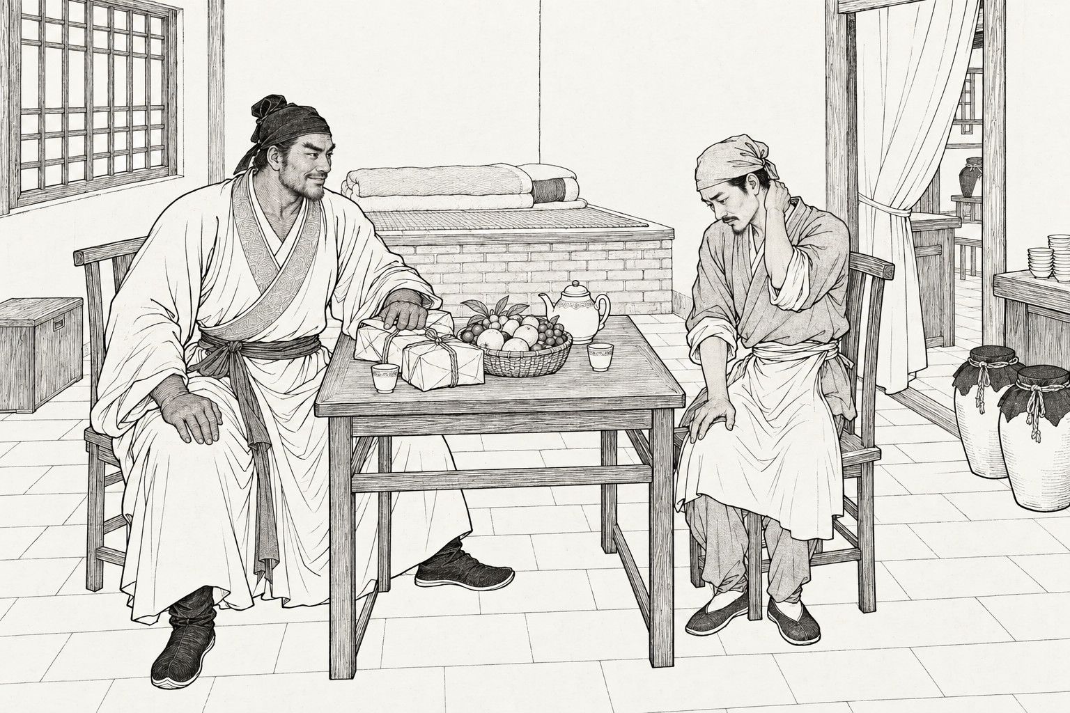 A line drawing in the manner of a late-Qing lithographed edition: in the back room of a wine shop with a brick bed, wine jars and a curtained door, a swarthy man in a head-cloth sits smiling at a table set with wrapped parcels of food and a basket of fruit, resting a hand on a parcel; across from him a lean shopkeeper in an apron and head-cloth sits with his head lowered, rubbing the back of his neck and avoiding his eyes.