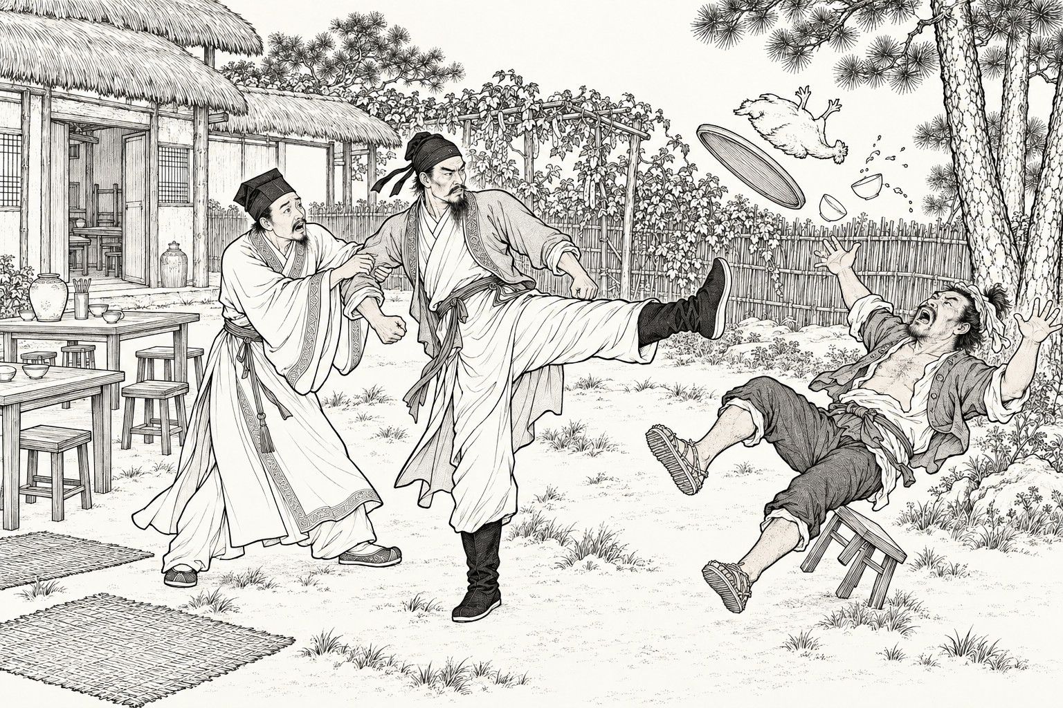 A line drawing in the manner of a late-Qing lithographed edition: in the yard of a country wine-shop among pines, a tall angry traveller kicks a wooden tray and a boiled chicken into the air while his scholarly companion clutches his arm, and a drunken village bully tumbles over backwards with his arms flung wide.