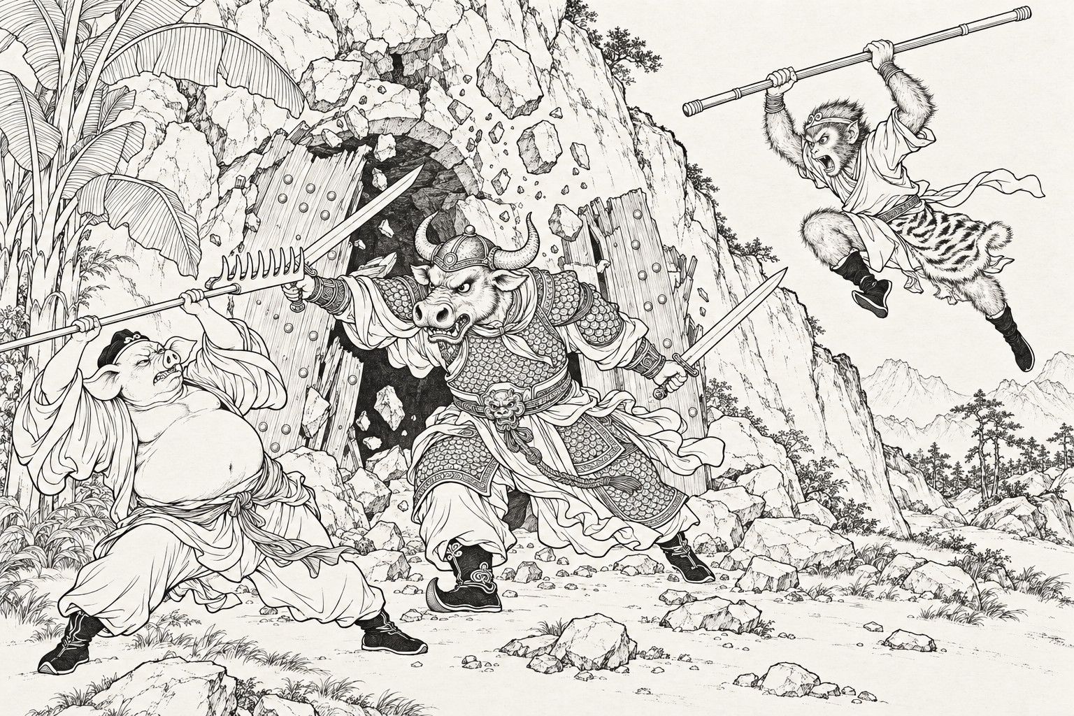 A line drawing in the manner of a late-Qing lithographed edition: before a cave in the hills, Zhu Bajie braces himself and catches the Bull Demon King's sword on his nine-toothed rake, while the shattered cave doors hang off and rocks tumble from the cliff; Sun Wukong leaps in from the right with his iron staff raised over the demon's head.