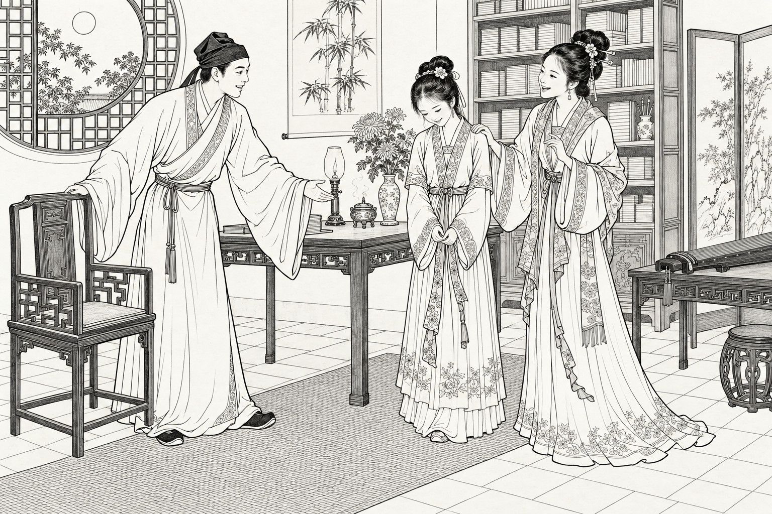 A line drawing in the manner of a late-Qing lithographed edition: On an autumn night in a scholar's study, a young scholar stands beside his chair and stretches out a hand to lead a shy young girl to a seat, while she bows her head and holds her embroidered sash and an older woman laughs beside her with a hand on her shoulder, with a lamp, incense burner and chrysanthemums on the table, a round moon window, a bookcase, a zither and a folding screen behind.