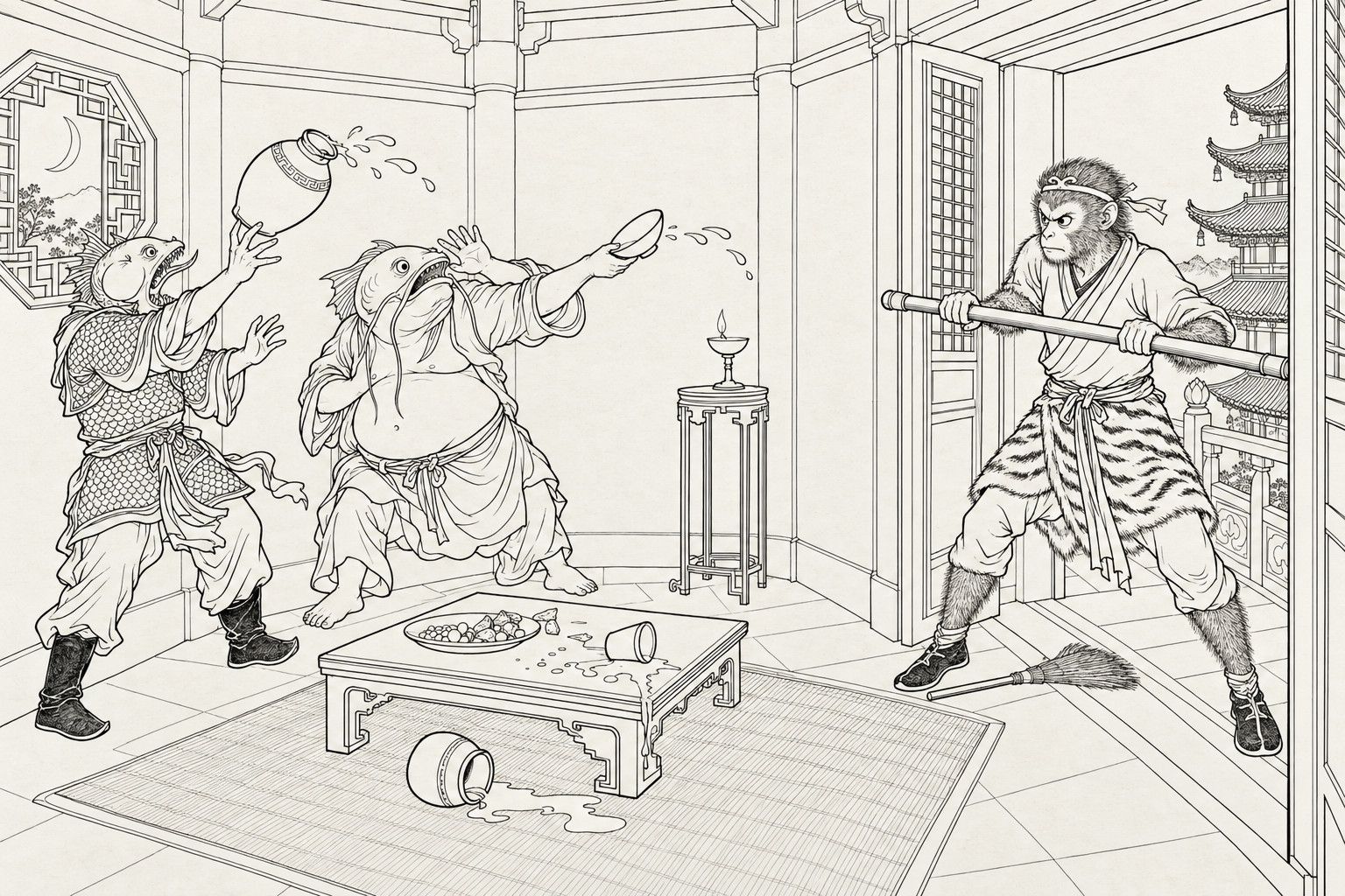 A line drawing in the manner of a late-Qing lithographed edition: in the topmost room of a pagoda, Sun Wukong bars the doorway with his iron staff held crosswise, a broom on the floor at his feet; two fish-headed demons, one fat with long barbels, one in scale armour, hurl a wine pot and a bowl at him, with an overturned cup and jar on the low table between them.