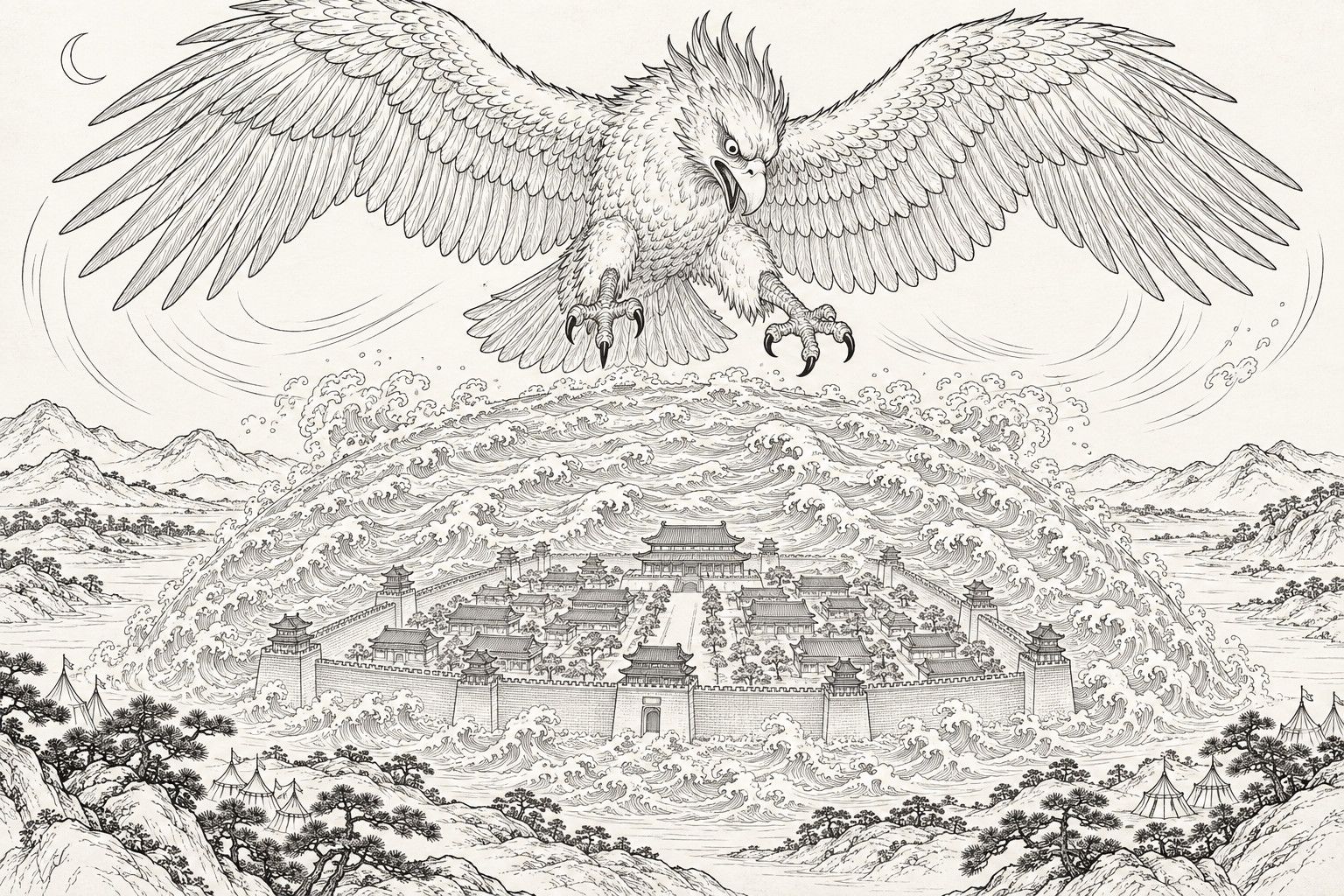 仿清末石印本的線描:西岐城上空,一隻巨大的鷹形大鵬,鉤喙、雙翼展開,向下扇動,海水化成半球形的浪濤罩住城牆和殿宇;四周是山丘和幾頂小帳篷,左上角有一彎細月。