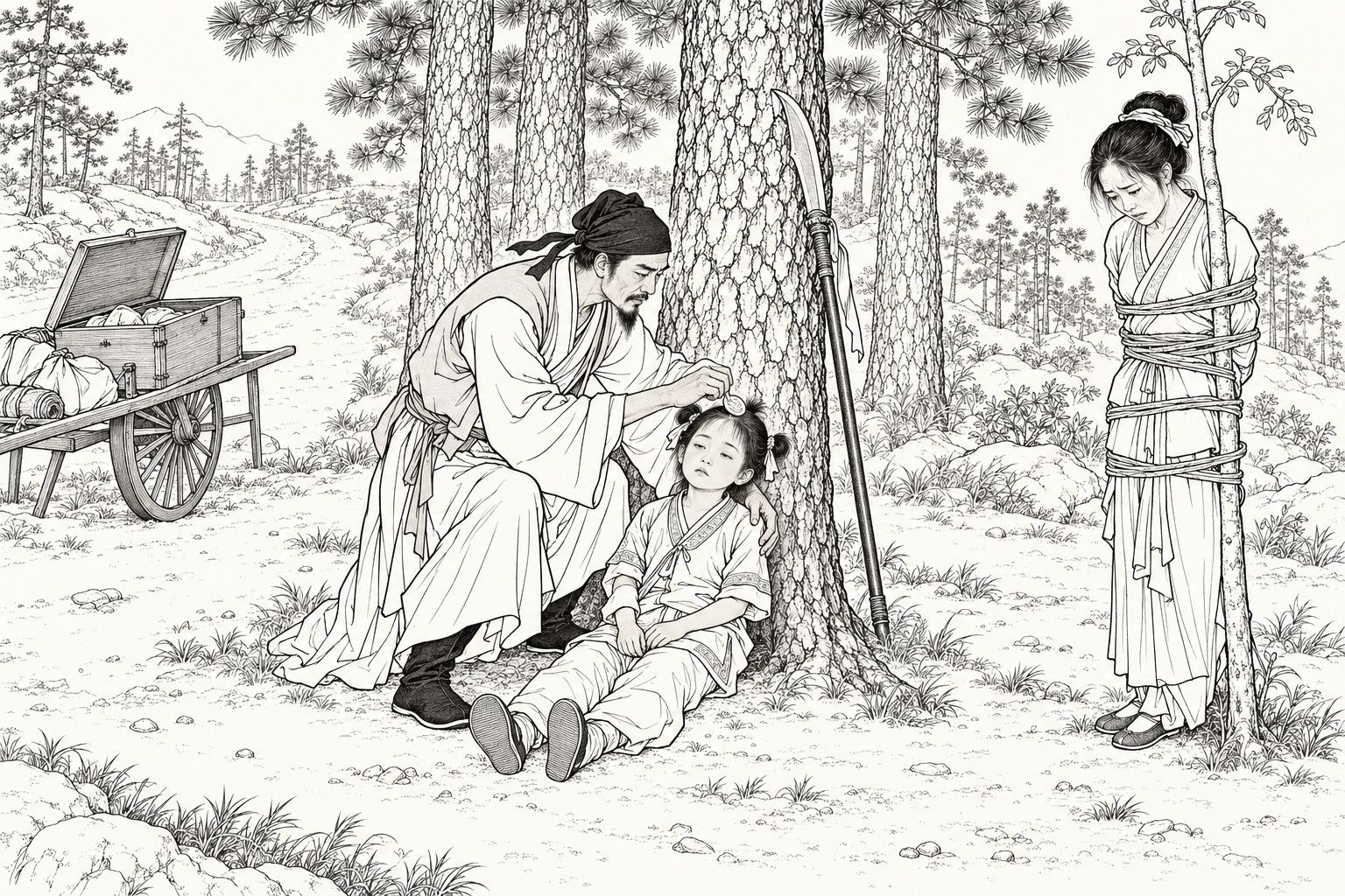 A line drawing in the manner of a late-Qing lithographed edition: in a pine wood at first light, a lean knight-errant crouches over a dazed little girl slumped against a pine trunk and peels the round plaster from the crown of her head, a pole sabre leaning on the trunk behind him, while a kidnapper's wife stands bound with a cloth cord to a slender young sapling in the clearing at the right, her head bowed; a barrow with an open chest stands by the road at the left.