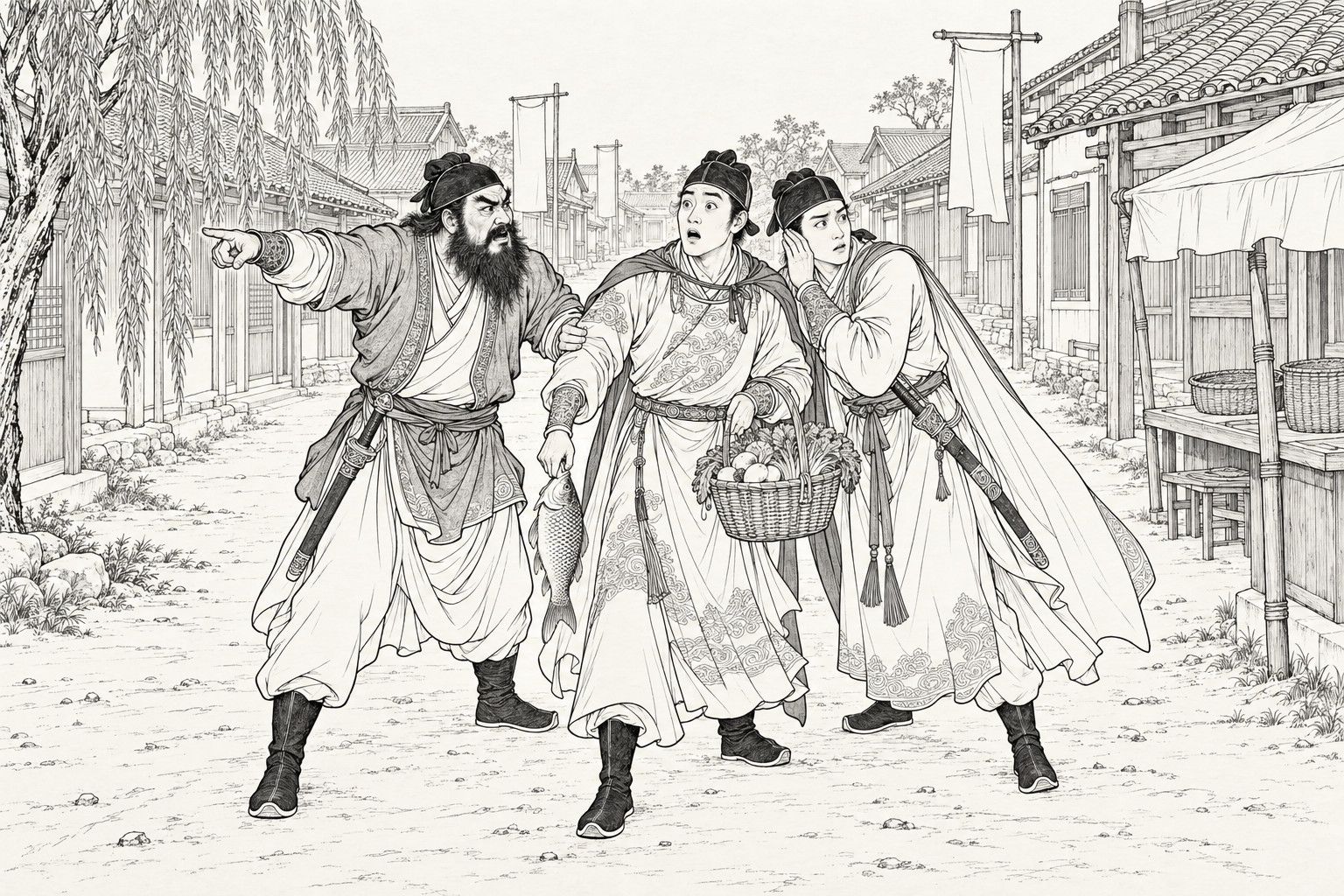 A line drawing in the manner of a late-Qing lithographed edition: in the main street of a market village with willows, banners and stalls, a young man in a warrior's cap and embroidered robe stops mid-step with wide eyes and open mouth, a basket of vegetables on one arm and a live carp in his hand; a big bearded swordsman grips his arm and points back down the road, while a slim young friend in a cloak whispers into his ear; both friends wear swords.