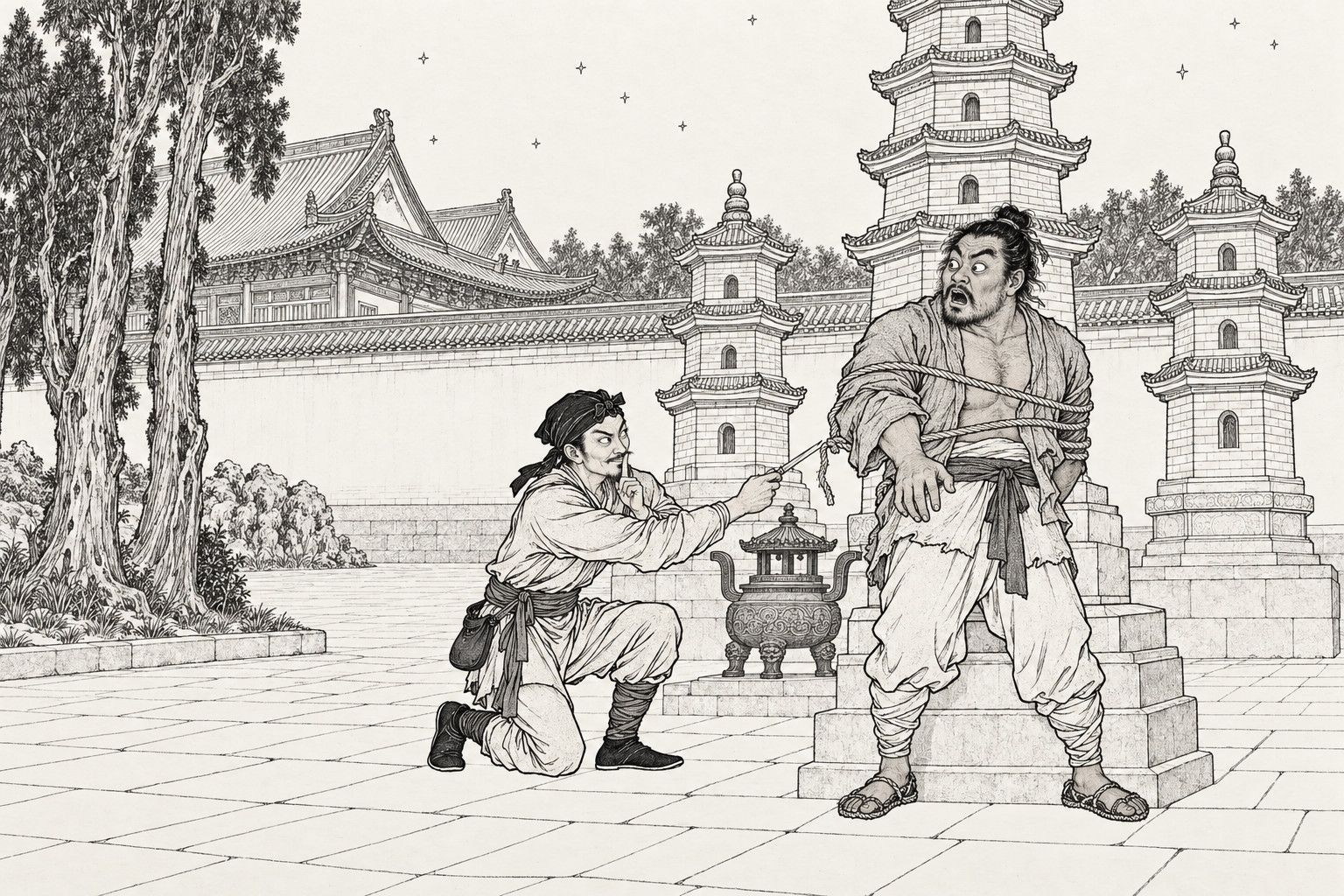 A line drawing in the manner of a late-Qing lithographed edition: at night in a temple's back courtyard before three small brick pagodas, a small wiry man in a close night outfit kneels and cuts the rope with a slim steel spike, a finger to his lips, while the burly captive bound against the tall middle pagoda stares in astonishment.