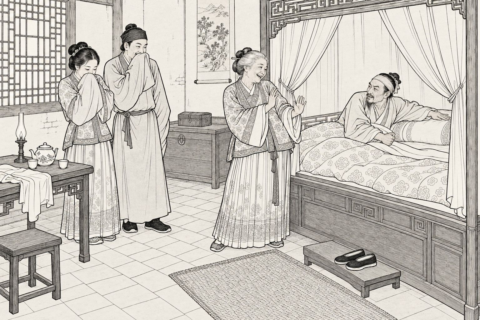 A line drawing in the manner of a late-Qing lithographed edition: in the daytime bedroom of a village house, an old man propped on a pillow in a canopy bed pats the pillow beside him, while his white-haired wife stands at the bedside laughing and raising her hands in protest, and their son and daughter-in-law stand behind them with sleeves held to their mouths, stifling laughter, among a table with a teapot, a chest, a lattice window and a brick floor.