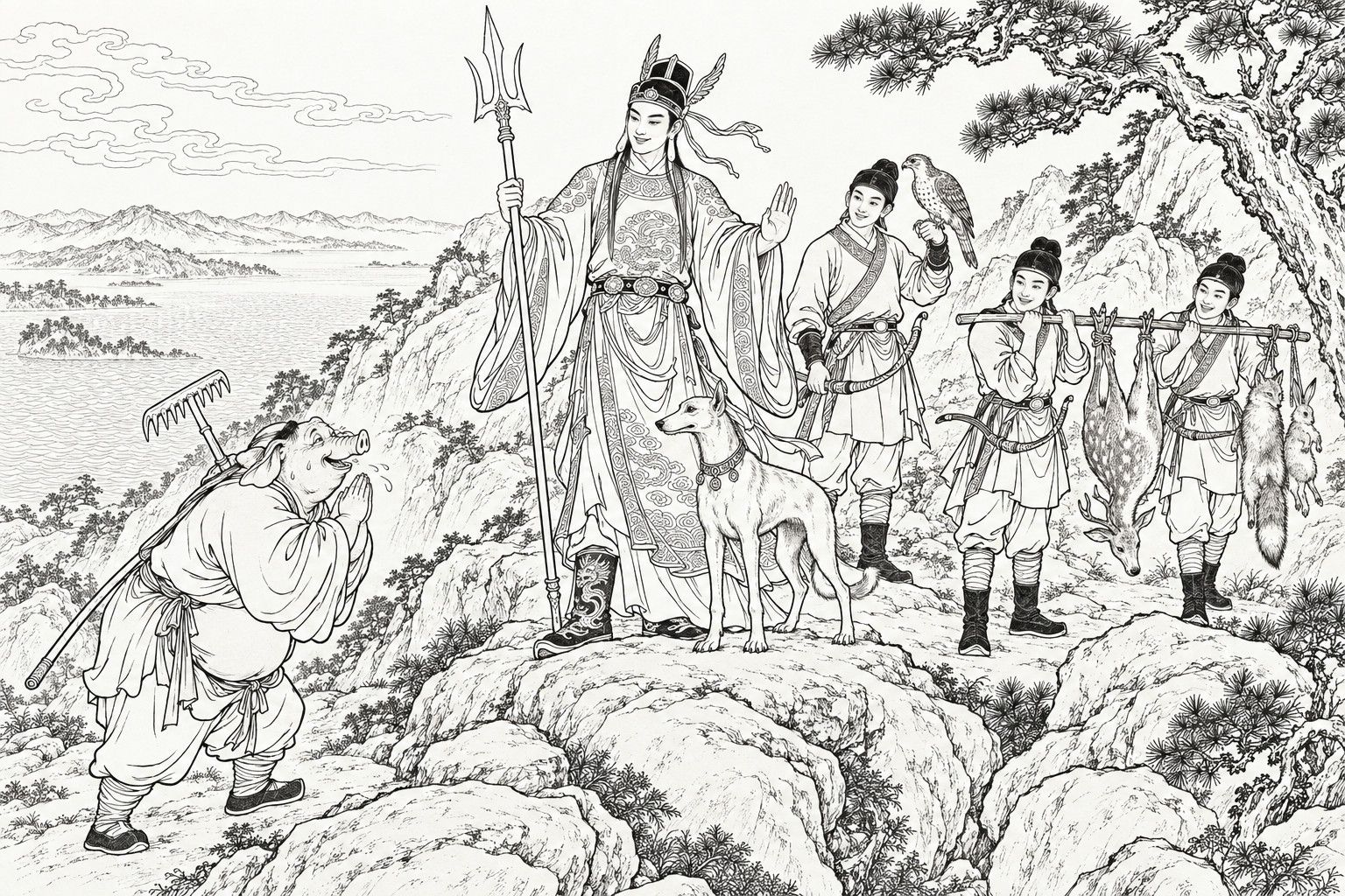 A line drawing in the manner of a late-Qing lithographed edition: on a rocky mountain slope above a lake, Zhu Bajie, a rake across his back, bows with his hands joined before the young god Erlang, who holds a three-pointed blade and raises one hand to halt his party; a hound stands at his heel, behind him a brother holds a hawk, and two more carry a deer, a fox and a hare on a pole.