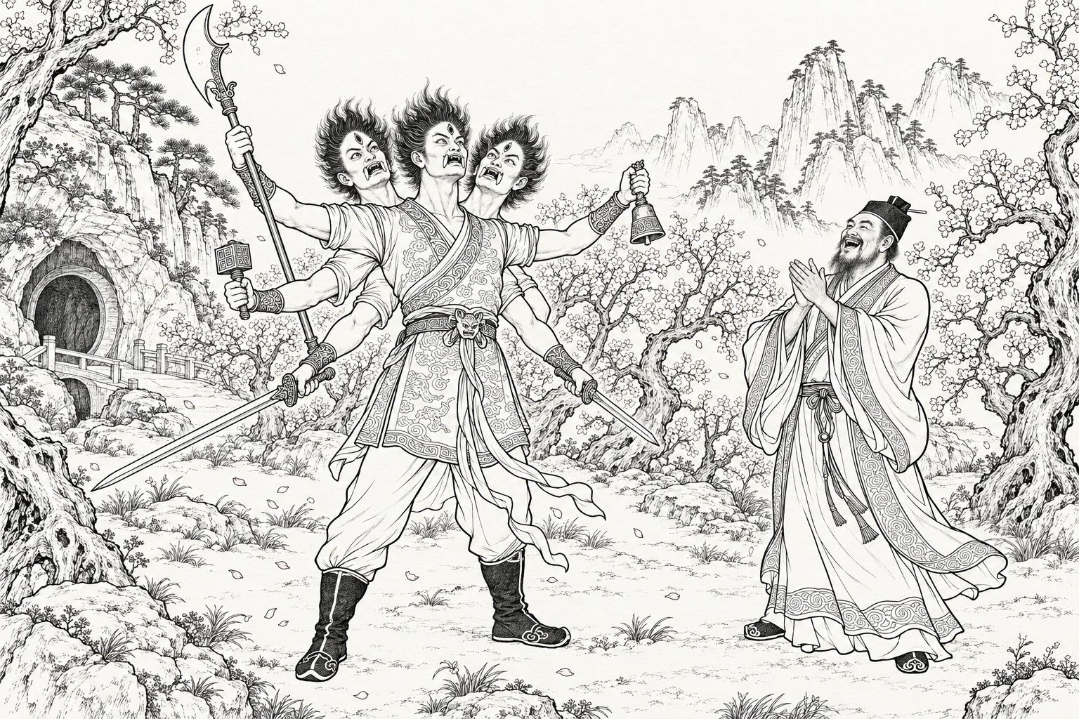 A line drawing in the manner of a late-Qing lithographed edition: in a blossoming peach orchard beside a cave mouth, the three-headed, six-armed Yin Jiao, each head with a third eye, holds a crescent-bladed halberd, a seal, a bell and two swords; the Daoist Guangchengzi stands at the right, clapping his hands and laughing.