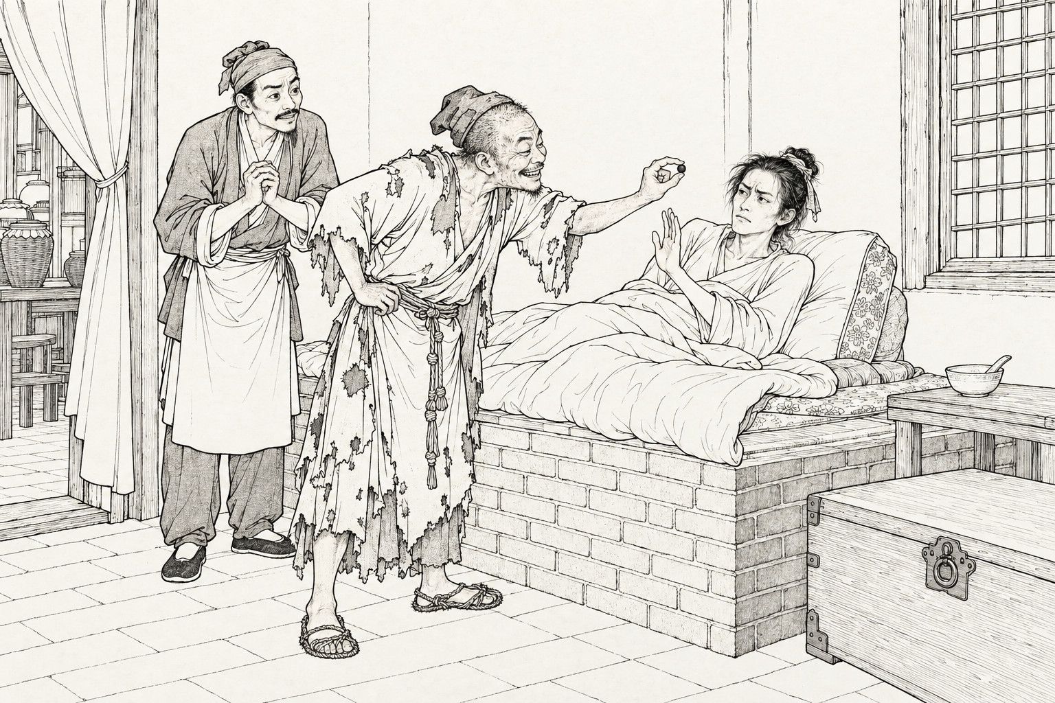 A line drawing in the manner of a late-Qing lithographed edition: in a back room with a brick bed, a ragged monk leans over, one hand on his hip, and holds a small dark pill between finger and thumb in front of a gaunt young man propped on a pillow, who frowns and holds up a hand to push it away; behind the monk the youth's brother, an apron-wearing shopkeeper, rubs his hands anxiously; a bowl stands on a table and a chest at the right.