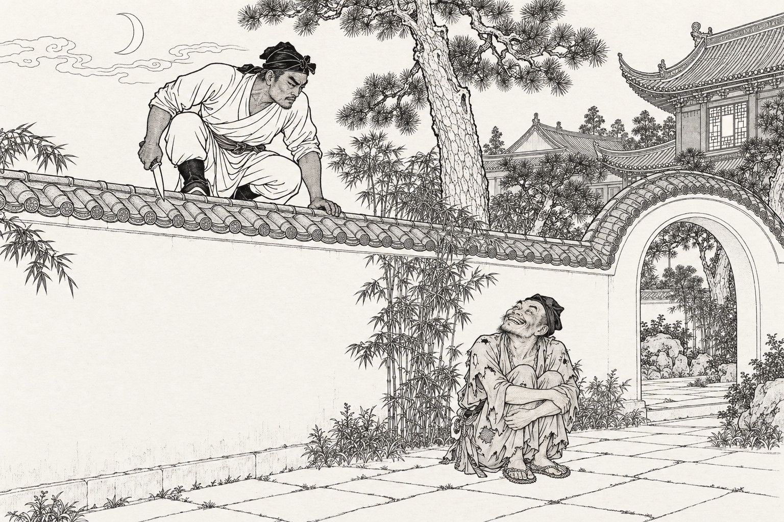 A line drawing in the manner of a late-Qing lithographed edition: at night at the wall of a temple courtyard, a swarthy man in close-fitting clothes crouches on top of the tiled wall holding a knife down at his side and frowning down at the ground inside; a ragged monk squats at the foot of the wall inside with his arms round his knees and his head tipped back, laughing up at him; pine, bamboo, a moon gate and temple roofs are behind, and a crescent moon above.