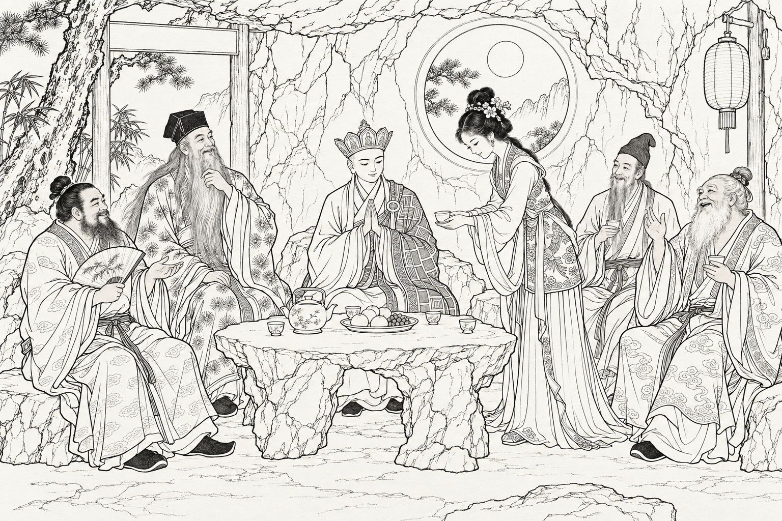 A line drawing in the manner of a late-Qing lithographed edition: in a rocky hermitage by moonlight, Tang Sanzang sits upright with his hands joined and his eyes lowered, while a young lady with apricot blossom in her hair bows and offers him a cup of tea; four old hermits, one with a fan, one stroking a long beard, one reciting, sit smiling round the stone table.