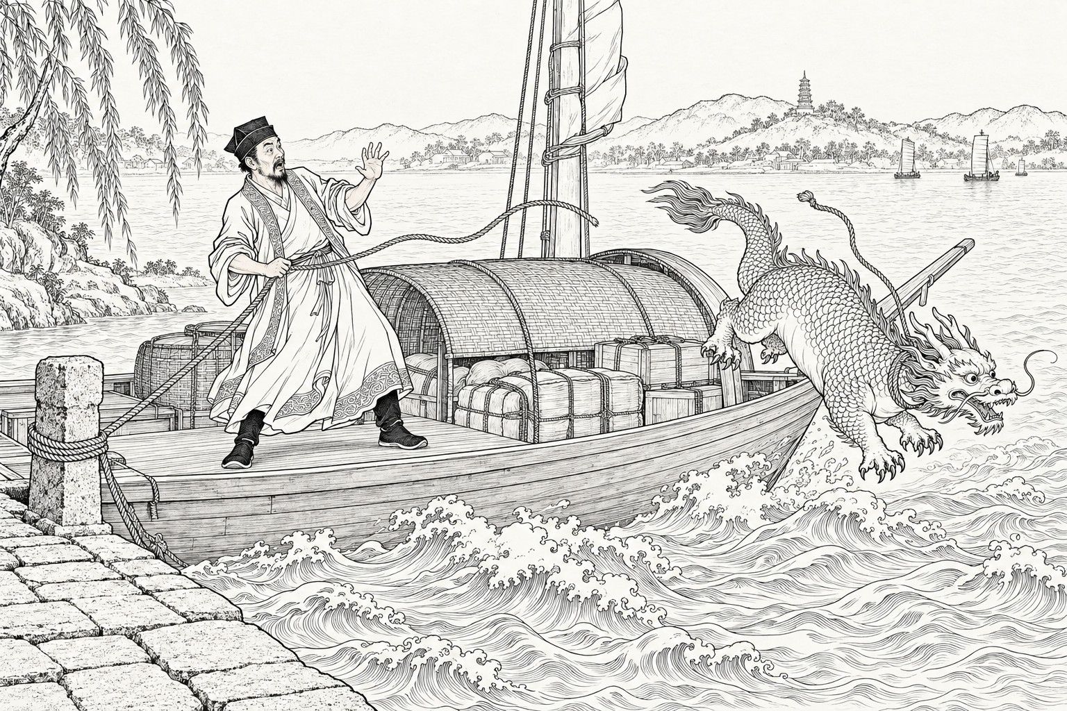 A line drawing in the manner of a late-Qing lithographed edition: on a river landing in broad daylight, a startled bearded merchant in a square cap and long gown leans back on the deck of a moored covered boat, holding a slack rope in one hand and raising the other, while a short, scaly, horned dragon-like beast with the rope trailing from its neck leaps over the boat's side into swelling waves, with a stone mooring post, willows, distant hills, a small pagoda and two far sails around them.