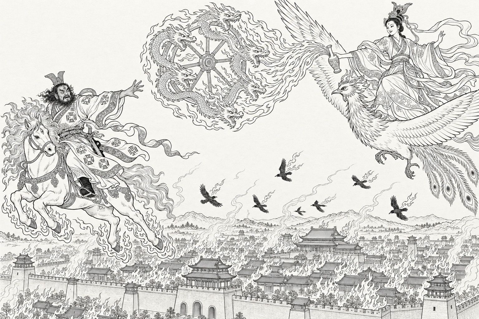 A line drawing in the manner of a late-Qing lithographed edition: over the burning rooftops of Xiqi, the princess Longji on a phoenix holds out a narrow vase towards a wheel ringed with five fire-dragons, which streams into its mouth; at the left the three-eyed fire-wizard Luo Xuan, on a horse wreathed in flames, throws out his arm in astonishment, and a few crows fly over the city.