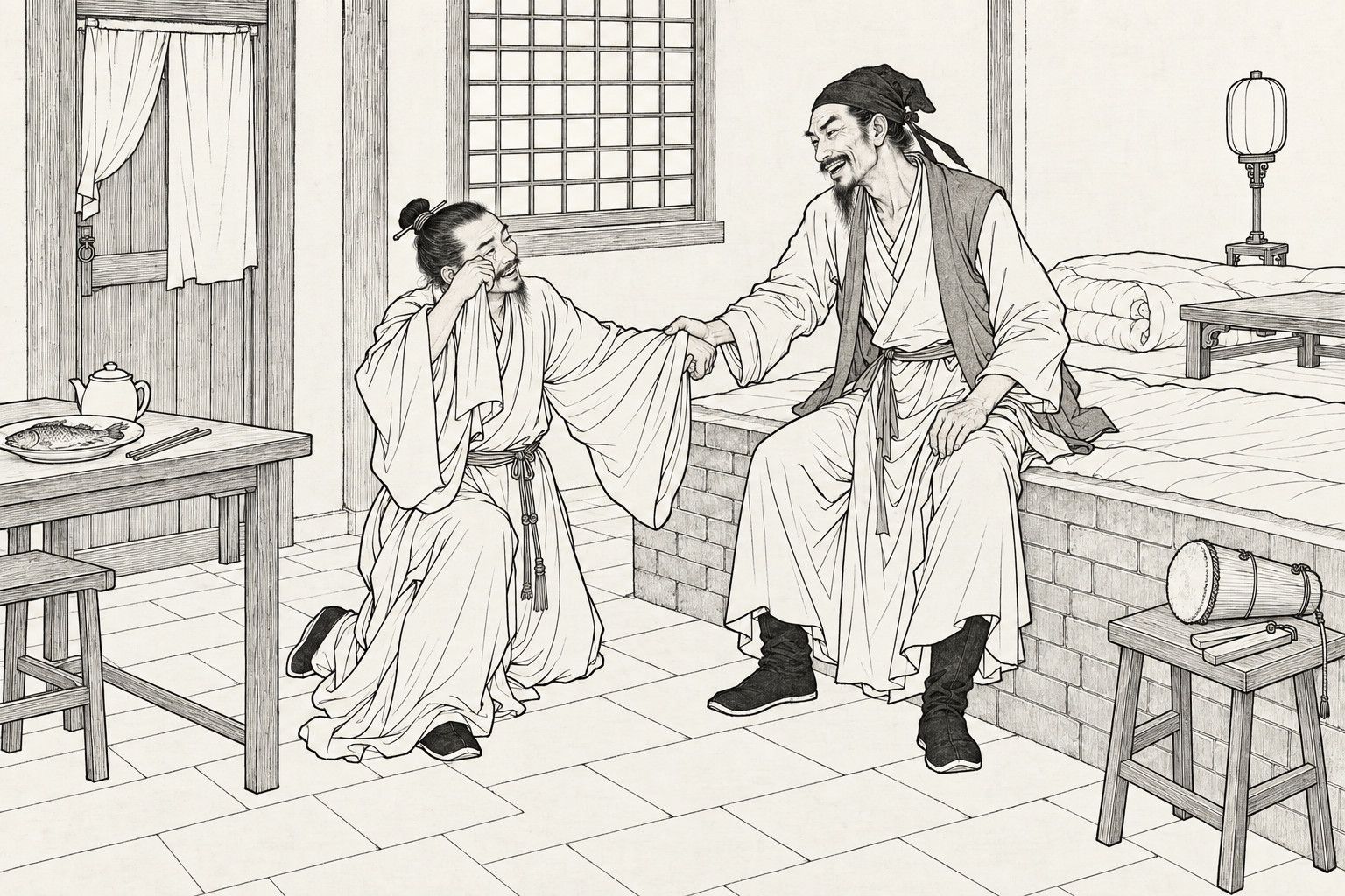 A line drawing in the manner of a late-Qing lithographed edition: in a plain inn room, a lean older man sits laughing on the edge of a brick bed and takes the hand of a smaller Taoist-robed man who kneels before him, wiping a tear and grinning; a fish-drum and clappers lie on a stool beside the bed.