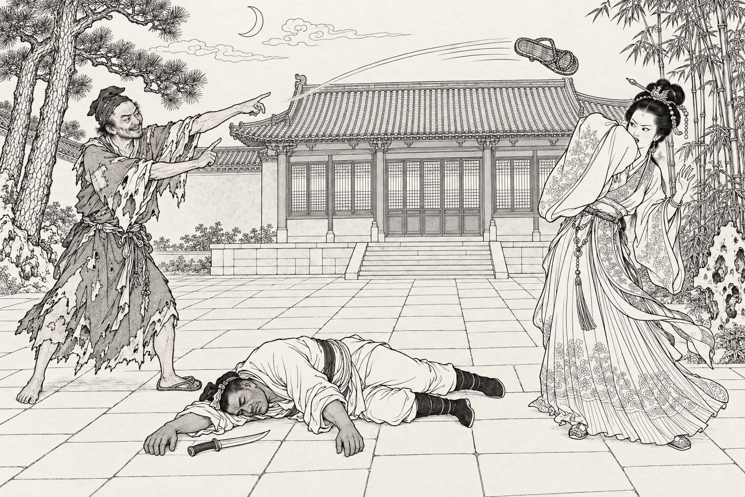 A line drawing in the manner of a late-Qing lithographed edition: at night in a temple courtyard before a hall with a pine, bamboo and a crescent moon, a ragged monk with one sandal on points a finger as a straw sandal curves through the air toward a young woman in an embroidered gown with hairpins, who leans away with a wide sleeve raised before her face and a furious look; between them a man in close-fitting clothes lies senseless on the paving, a knife beside his hand.