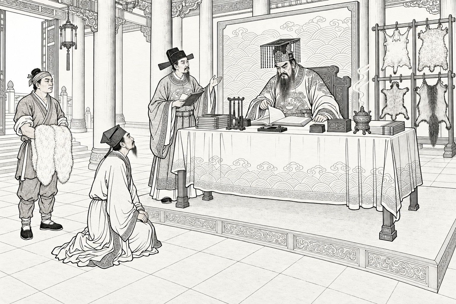 A line drawing in the manner of a late-Qing lithographed edition: In the hall of the King of the Underworld, a bearded king in a beaded crown sits behind a draped high table turning a page of a register, a capped clerk beside the table reports to him with a register in hand, a scholar kneels before the table looking up, and a plain attendant stands behind with a white sheepskin over his arms, with a wave-pattern screen, hide-hung racks, a lantern and an open doorway in the background.