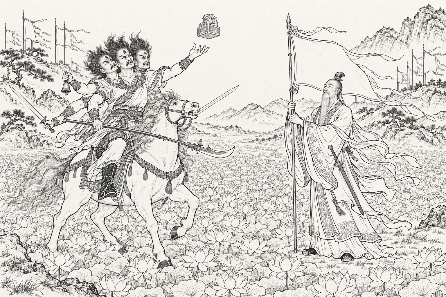 A line drawing in the manner of a late-Qing lithographed edition: on a field of lotus blossoms at the foot of Mount Qi, the three-headed, six-armed Yin Jiao on horseback, his halberd lowered, looks up at the square seal hanging motionless in the air above him; the calm Randeng stands at the right holding a tall pole with a plain streaming banner, and the battle flags of the Zhou army stand on the hills behind.