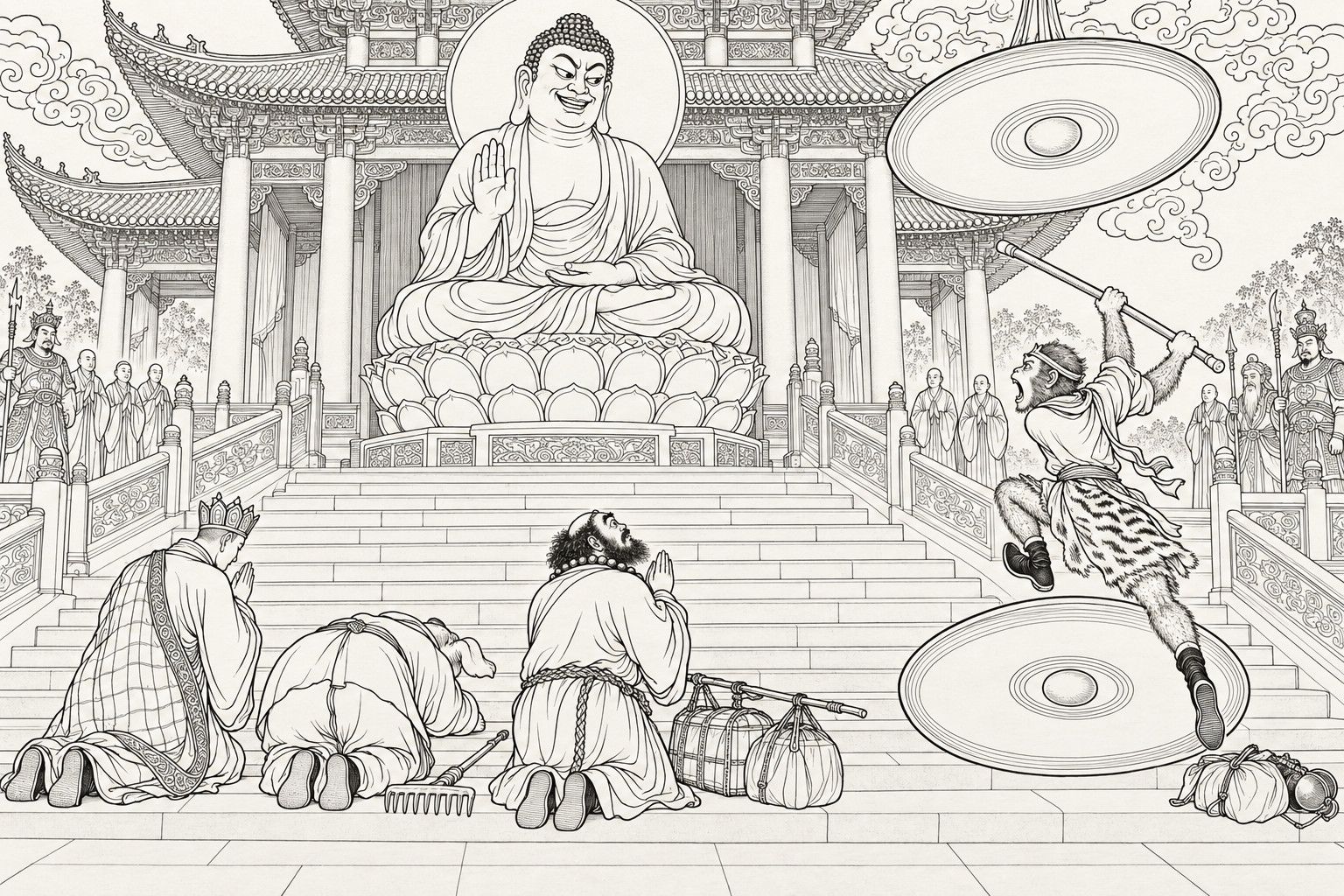 A line drawing in the manner of a late-Qing lithographed edition: before a great temple hall, Tang Sanzang, Zhu Bajie and Sha Wujing kneel on the steps bowing to a huge seated Buddha with a crooked smile, a row of small attendants on each side; Sun Wukong bounds up the steps with his staff raised as two enormous cymbals, one falling from above and one rising from below, close around him.