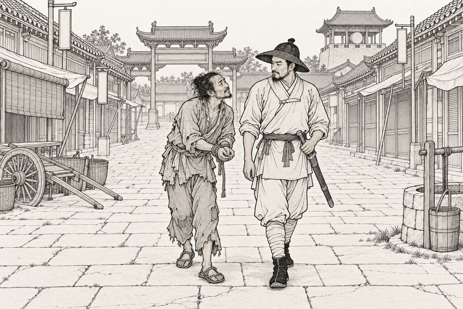 A line drawing in the manner of a late-Qing lithographed edition: in daytime on the paved square of a county market town, a bound, ragged prisoner leans toward a broad-hatted soldier and looks up at him as if begging a favour, while the sword-bearing soldier turns his head to him with a hand on the scabbard, with empty shopfronts, a cart and baskets, a stone well, a pailou gateway and a drum tower behind them.