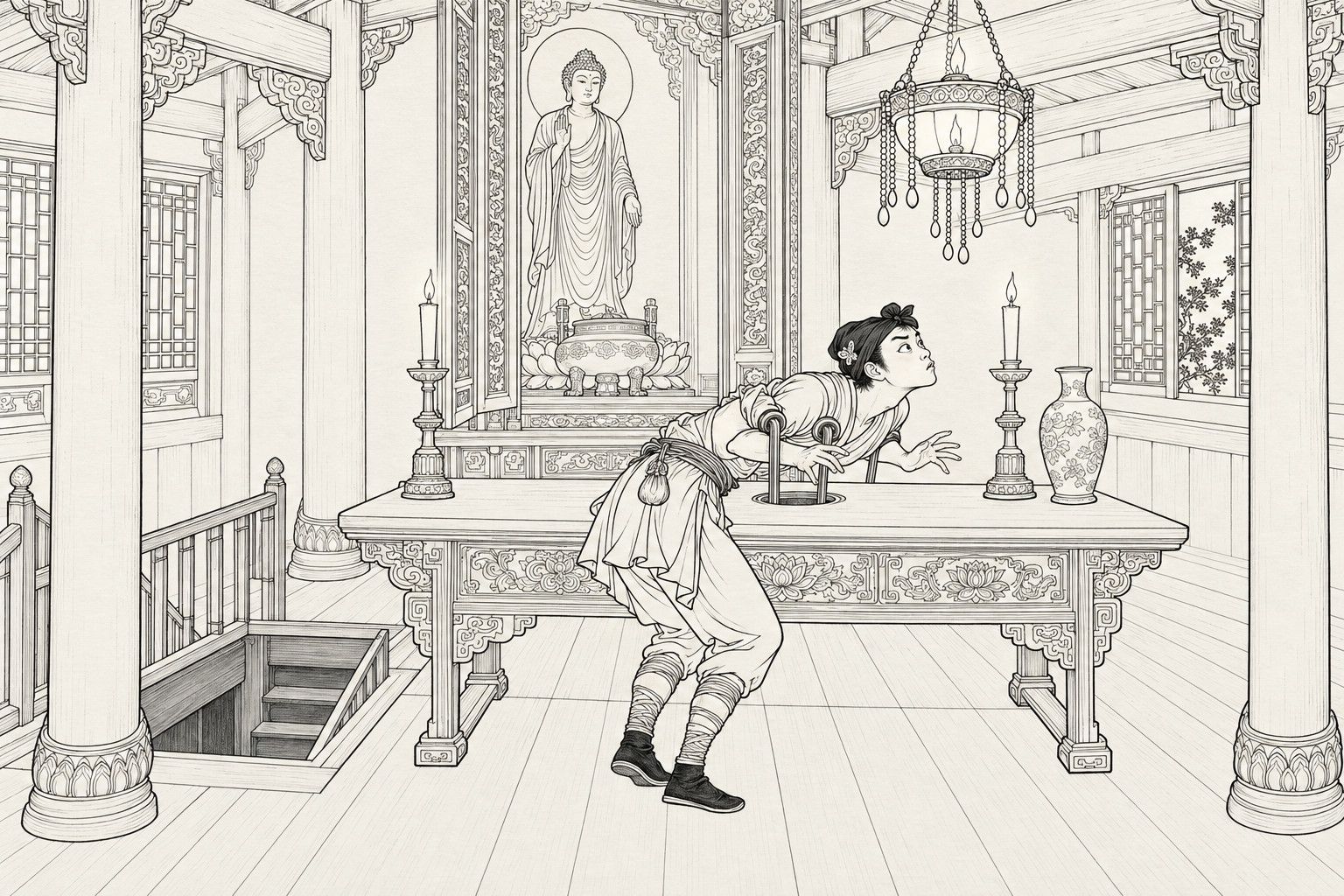 A line drawing in the manner of a late-Qing lithographed edition: in a rich house's Buddha loft, a young thief in a close night outfit, a small butterfly ornament in his hair, is pinned bent over the altar table by two iron hooks rising from a hole in its top, neck stretched and face dismayed; a jewelled lamp hangs from the beam above and the incense burner sits inside the shrine.