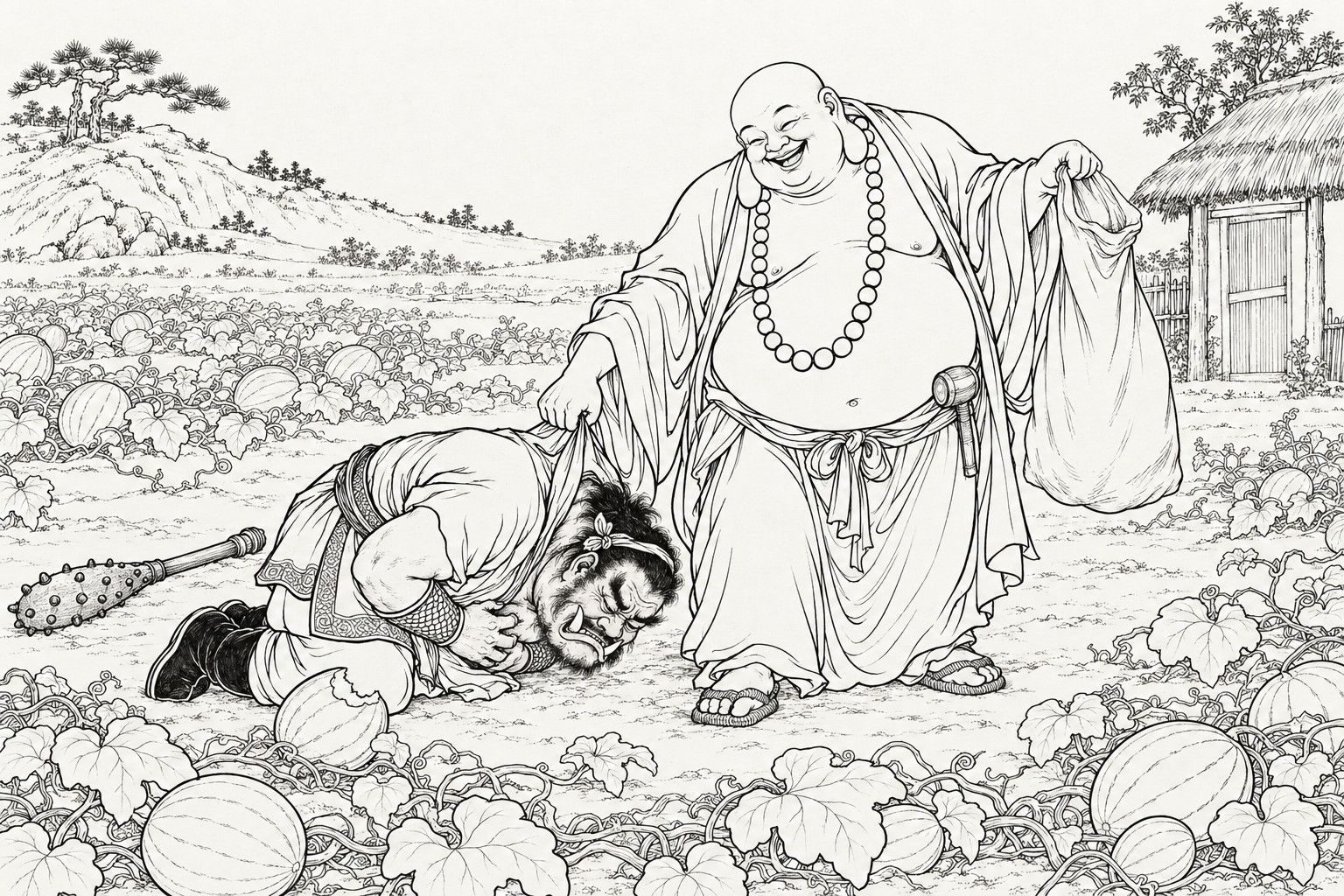仿清末石印本的線描:瓜田裡,袒著肚子的彌勒笑呵呵,頸上掛著一長串念珠,一手揪住妖王的後頸,一手提著空布袋;獠牙的妖王跪伏在地,雙手捂著肚子,額頭抵地,身旁有一根帶釘的棒和一個被咬過的瓜。