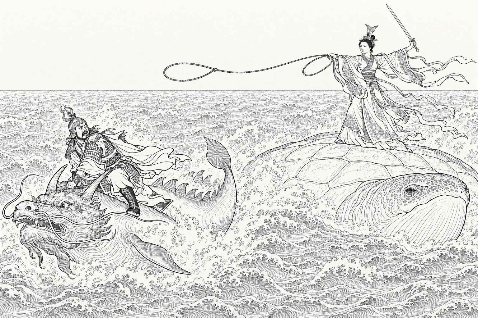 A line drawing in the manner of a late-Qing lithographed edition: on the open sea, the general Hong Jin, his shoulder armour split, crouches on a whale-dragon and looks back in terror; behind him the princess Longji stands on the back of a huge turtle-like sea creature, her sword raised in one hand and a rope with a running loop flying from the other.