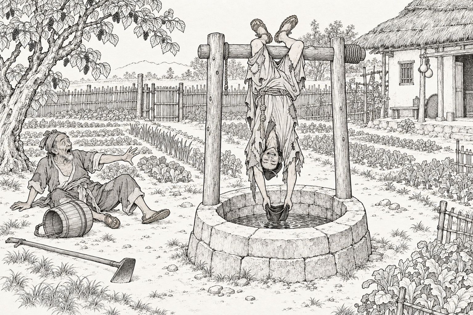 A line drawing in the manner of a late-Qing lithographed edition: in a vegetable garden with a bamboo fence, a thatched house and a grape arbour, a ragged monk hangs head-downward from the frame over a stone well with his feet hooked over the beam, laughing, scooping water with his cap held in both hands; an old gardener has fallen on the ground at the left with his hand out and mouth open, an overturned bucket and a hoe beside him.