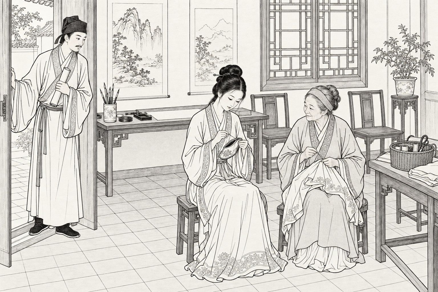 A line drawing in the manner of a late-Qing lithographed edition: in a parlor, an old woman sits sewing a garment while a calm young woman beside her stitches a shoe, eyes lowered; a young scholar stands at the open door holding a scroll and watches her gratefully; a worktable with brushes and a sewing basket are nearby.