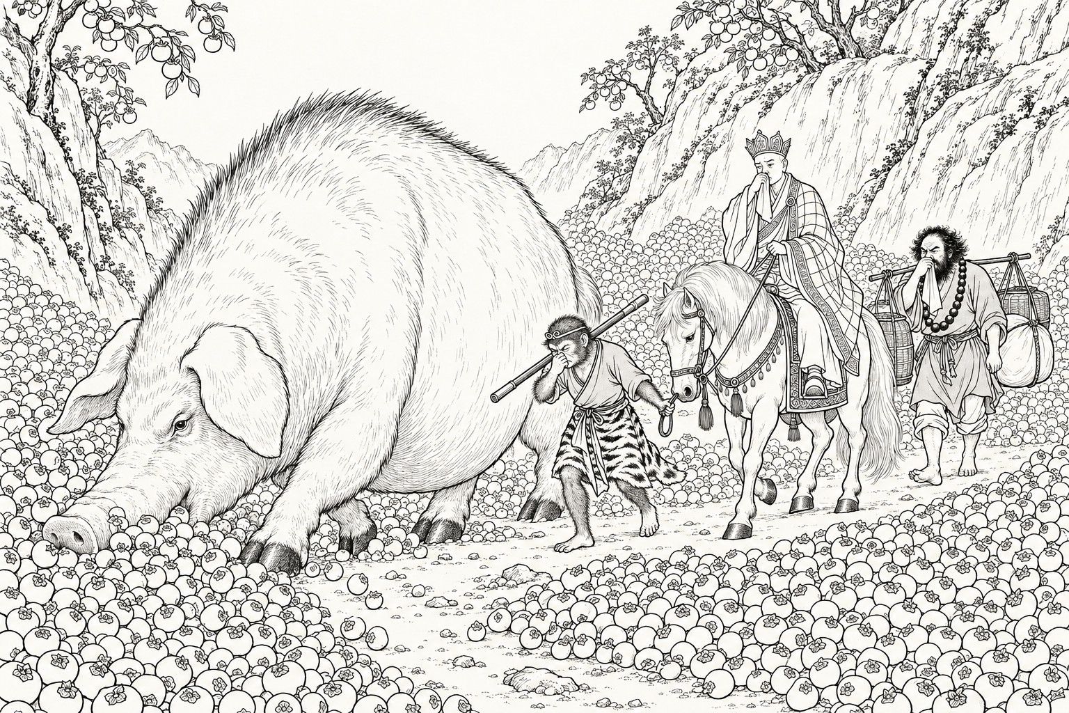 A line drawing in the manner of a late-Qing lithographed edition: by day in a narrow hillside gully heaped with fallen persimmons, an enormous pig pushes its snout along the ground to open a track, while behind it a crowned monk on a white horse, a barefoot monkey in a tiger-skin kilt leading the horse, and a bearded man carrying luggage on a shoulder pole all hold a hand to their noses.