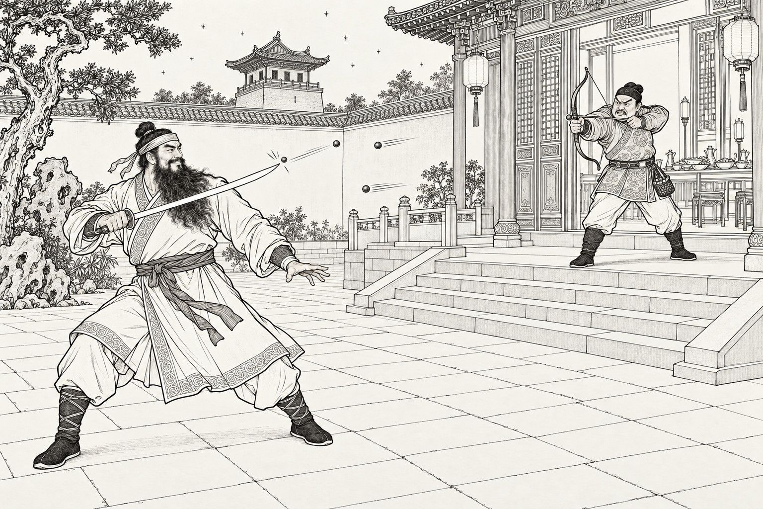 仿清末石印本的線描：夜裡莊院的庭中，長鬚大漢岔開雙腿，橫刀擋落飛來的鐵彈；廳前臺階上，粗壯的莊主怒目拉開短弓，身後廳裡燈火通明，擺著酒席。