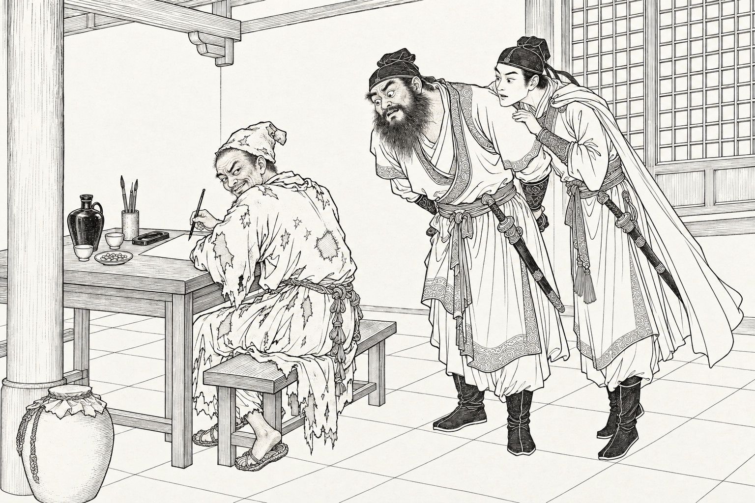 A line drawing in the manner of a late-Qing lithographed edition: at a table in the back hall of a tavern, a ragged monk sits with his body half turned away and one arm curled round a sheet of paper, writing with a brush and looking back over his shoulder with narrowed eyes and a sly grin; a brush pot, an inkstone, a jug and a cup stand on the table; behind him a big bearded swordsman and a slim young swordsman in a cloak lean forward, craning to peek.