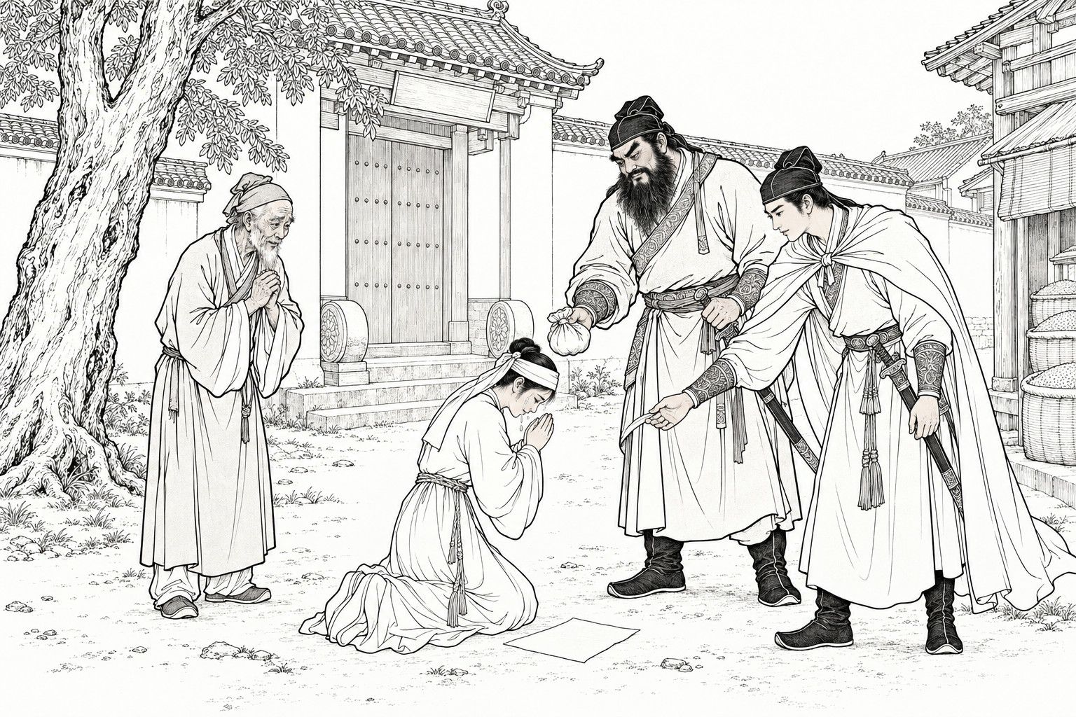 A line drawing in the manner of a late-Qing lithographed edition: before the gate of a house with studded doors and drum-shaped stones beside the steps, a young woman in plain white mourning dress and headband kneels with her head bowed, palms pressed together and a tear on her cheek; a big bearded swordsman holds out a small cloth bundle of silver to her while a slim young swordsman in a cloak bends toward her with a hand extended; an old man in a long gown stands at the left with his hands clasped, smiling.