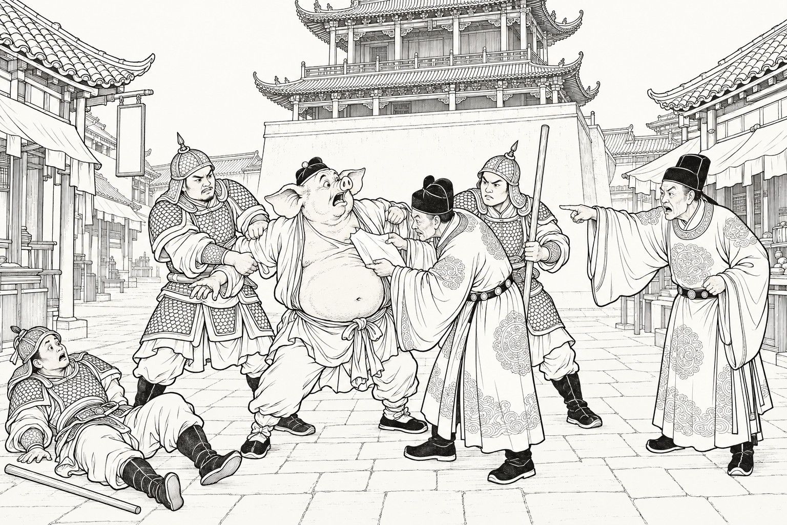 A line drawing in the manner of a late-Qing lithographed edition: on a paved street beneath a tall double-roofed tower in the daytime, a pig-headed monk in a loose tunic is held by the arms by armored guards while an old eunuch pulls a large blank sheet of paper from his bosom, a second eunuch points and shouts, and a third guard sprawls on the ground beside his fallen staff, with shop eaves and awnings on either side.