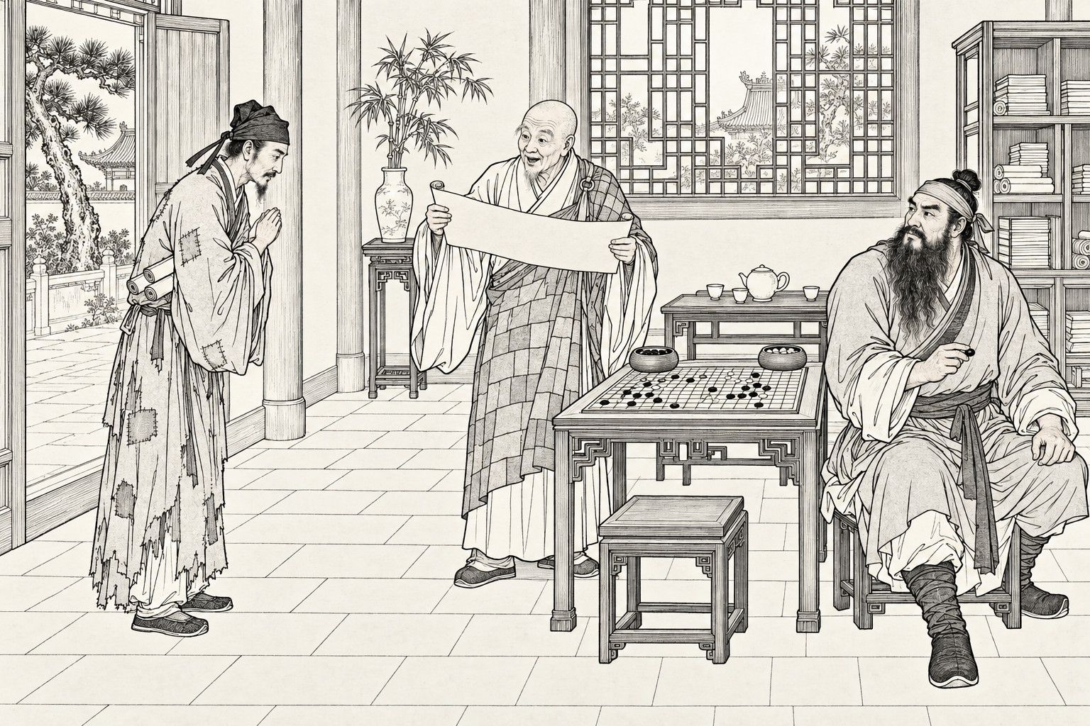 A line drawing in the manner of a late-Qing lithographed edition: in the guest hall of a temple, a gaunt scholar in a patched robe bows with joined hands, the old abbot unrolls a scroll in delighted surprise, and a tall long-bearded traveller, a chess stone in his fingers, turns from the unfinished game to look at the stranger.