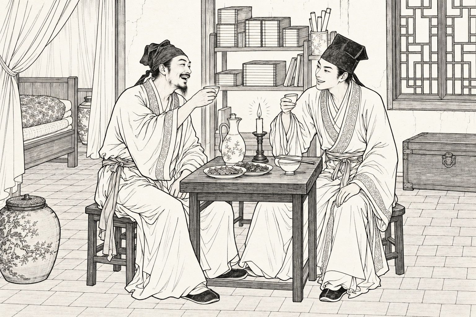 A line drawing in the manner of a late-Qing lithographed edition: In a poor scholar's bedroom at night, a bearded scholar in a soft cap and a handsome young man in a square scholar's cap sit on stools facing each other across a small square table, both raising wine cups and laughing. The table holds a wine pot, dishes of food and a lit candle, and behind them are a curtained bed, a bookshelf, a lattice window, a chest and a large wine jar.