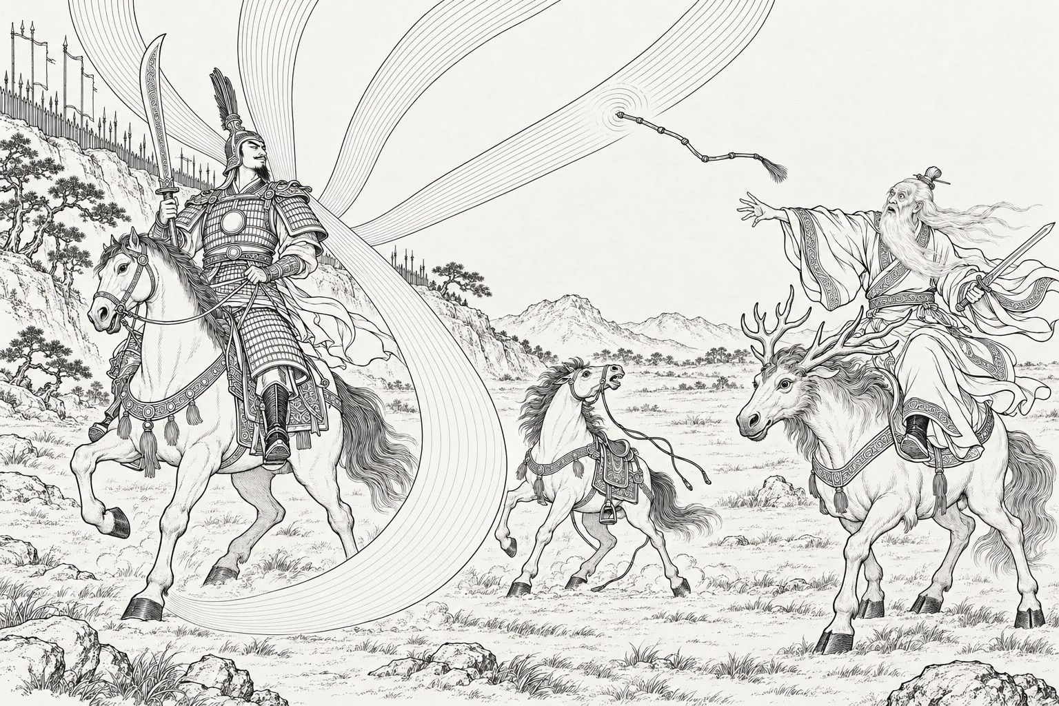 A line drawing in the manner of a late-Qing lithographed edition: before an enemy camp at the foot of a ridge, an armoured general with a sabre sits on his war horse with broad ribbons of light fanned out behind him like a peacock's tail, one of them sweeping down in a great curve across the field; a riderless saddled horse shies between him and the white-bearded old minister on an antlered beast, who has just thrown a short jointed whip into the light.
